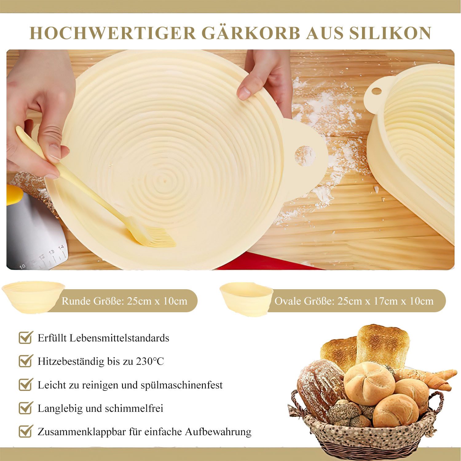 Refined Living Gärkorb Silikon Gärkörbchen Länglich 40st Komplettset Brot Backen Zubehör, (mit 2er Faltbar Gärkorb Brot 9 Zoll Gärkorb Rund und 10 Zoll Oval), B – Bild 5 von 5