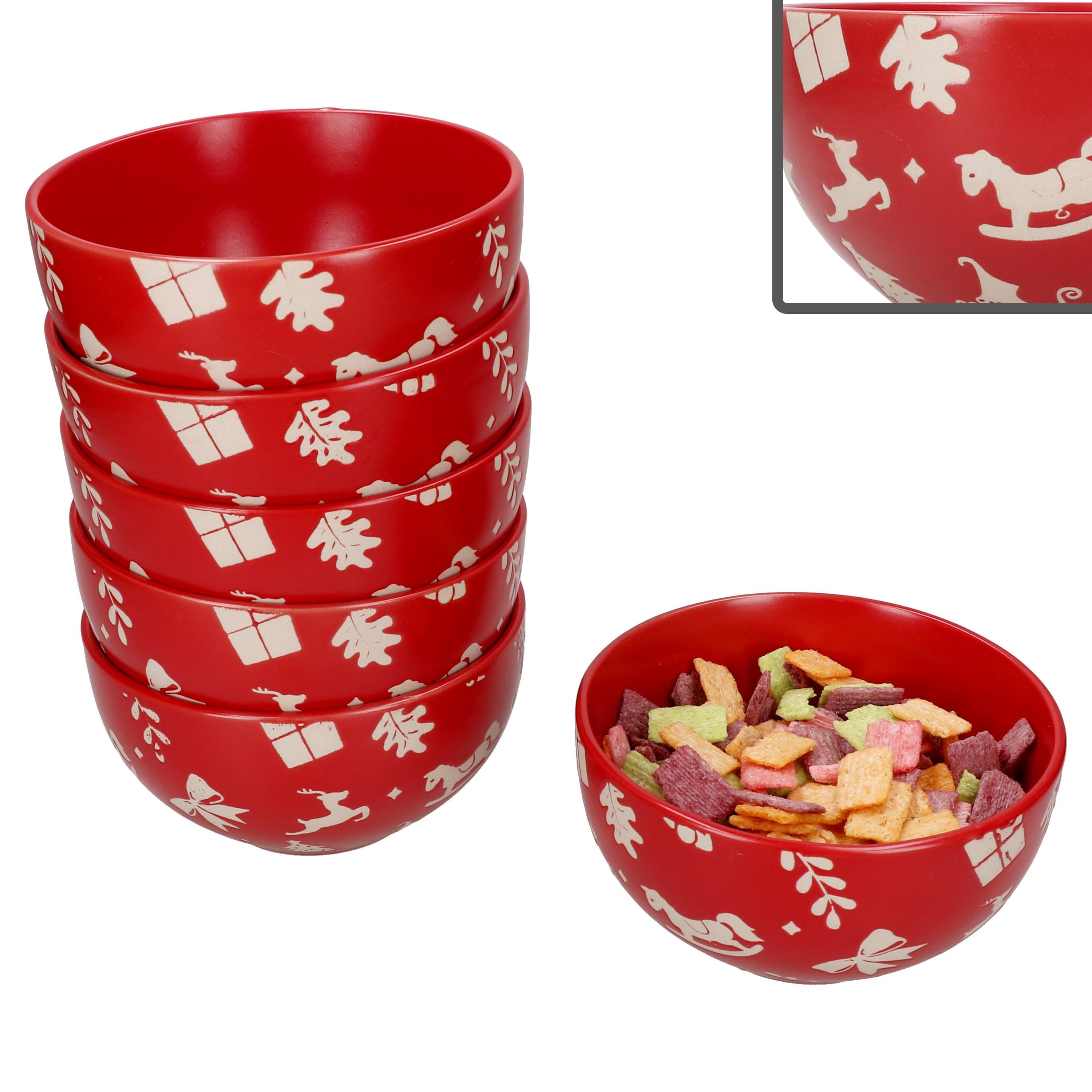 MamboCat Müslischale 6er Set Müslischalen Advent 450ml Steingut Rot Weihnachten Kekse, Steingut