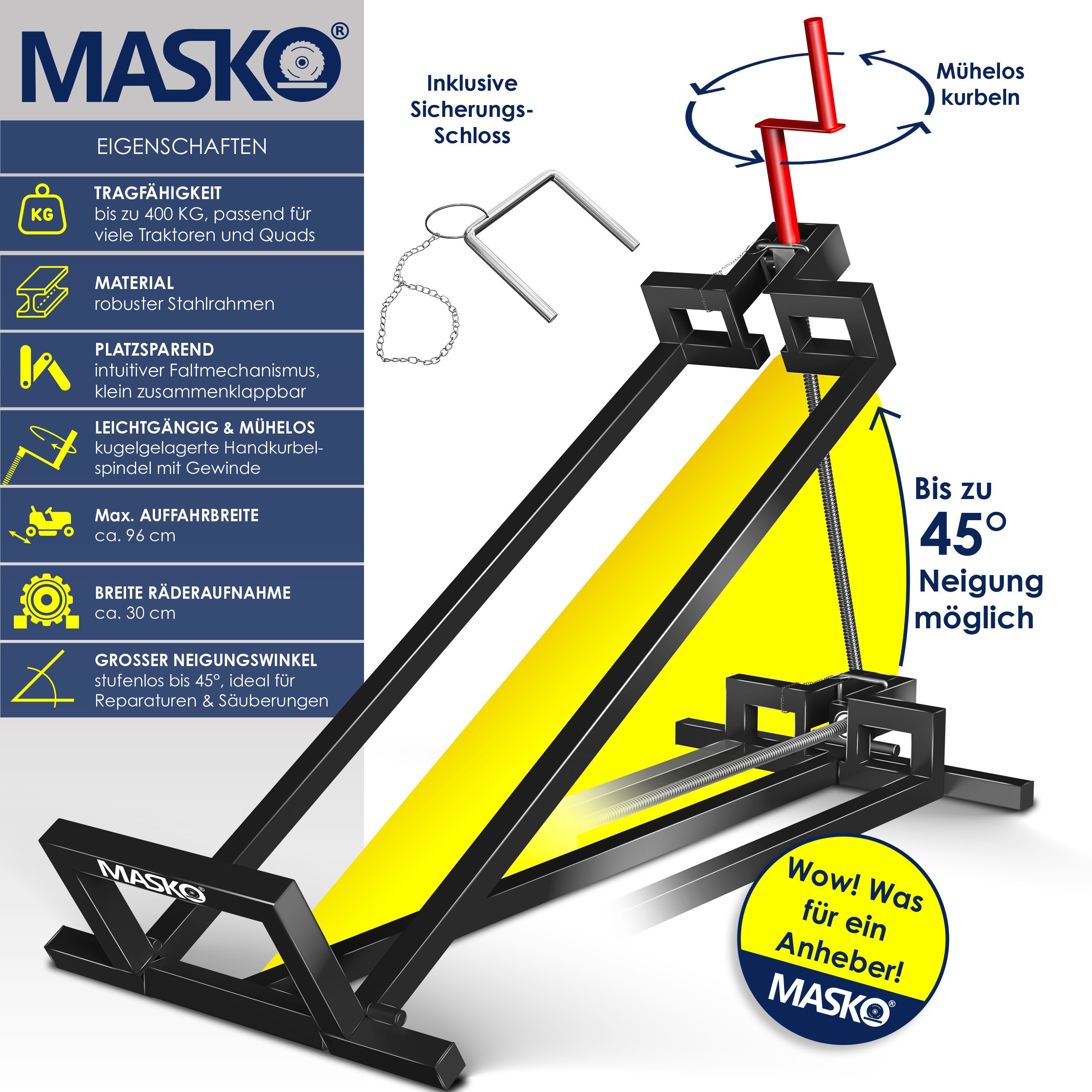 MASKO Rasentraktor Heber 450kg Hebevorrichtung für Aufsitzmäher inkl. Bürste, Rasentraktorheber, universelle Reinigungshilfe, Hebebühne für Quad