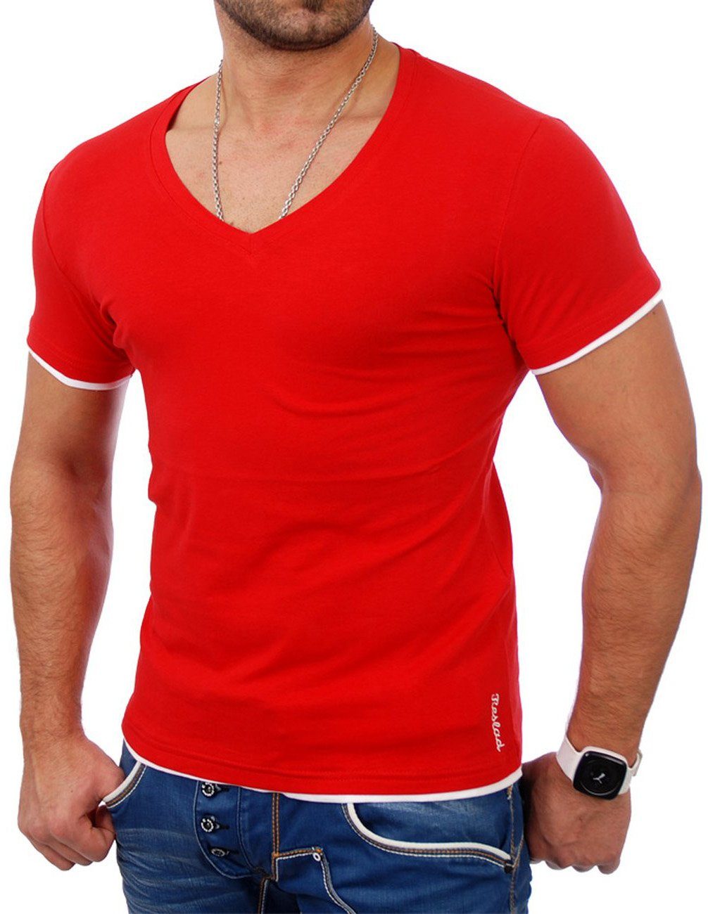 Reslad T-Shirt Reslad Herren T-Shirt Miami RS-5050 (1-tlg) V-Auschnitt Layer Optik Shirt rot-weiß