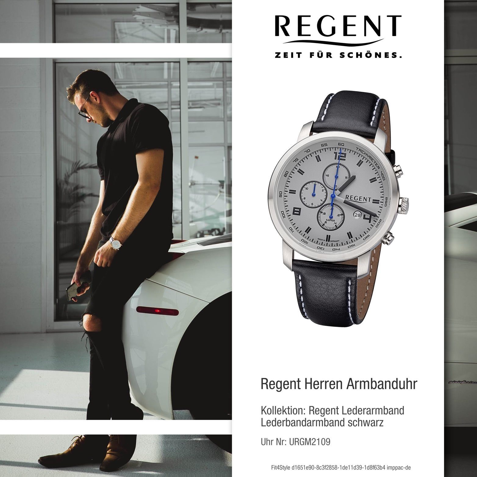 Regent Quarzuhr Regent schwarz, groß Lederbandarmband 44mm) Herrenuhr Herren rundes Gehäuse, Armbanduhr Analog, (ca