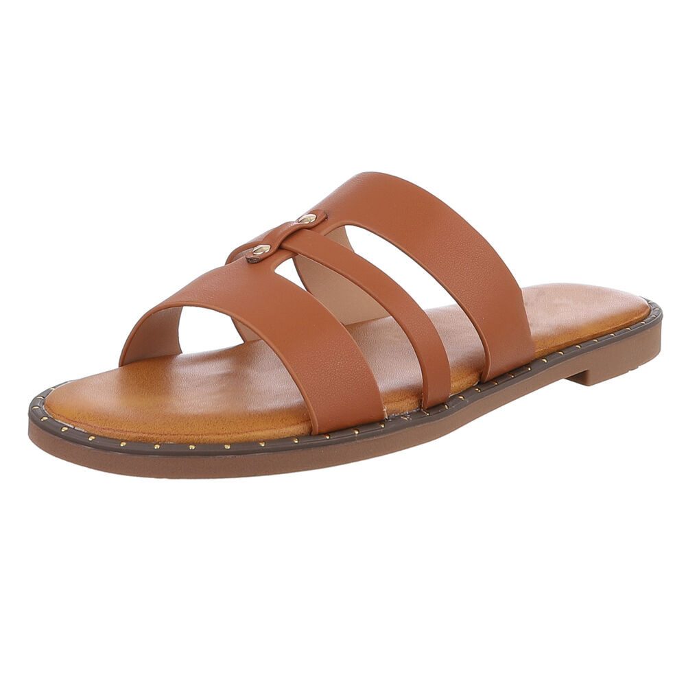 Ital-Design Elegante Damen-Sandalen aus veganem Material, beige Pantolette (89368566) Blockabsatz Pantoletten in Camel