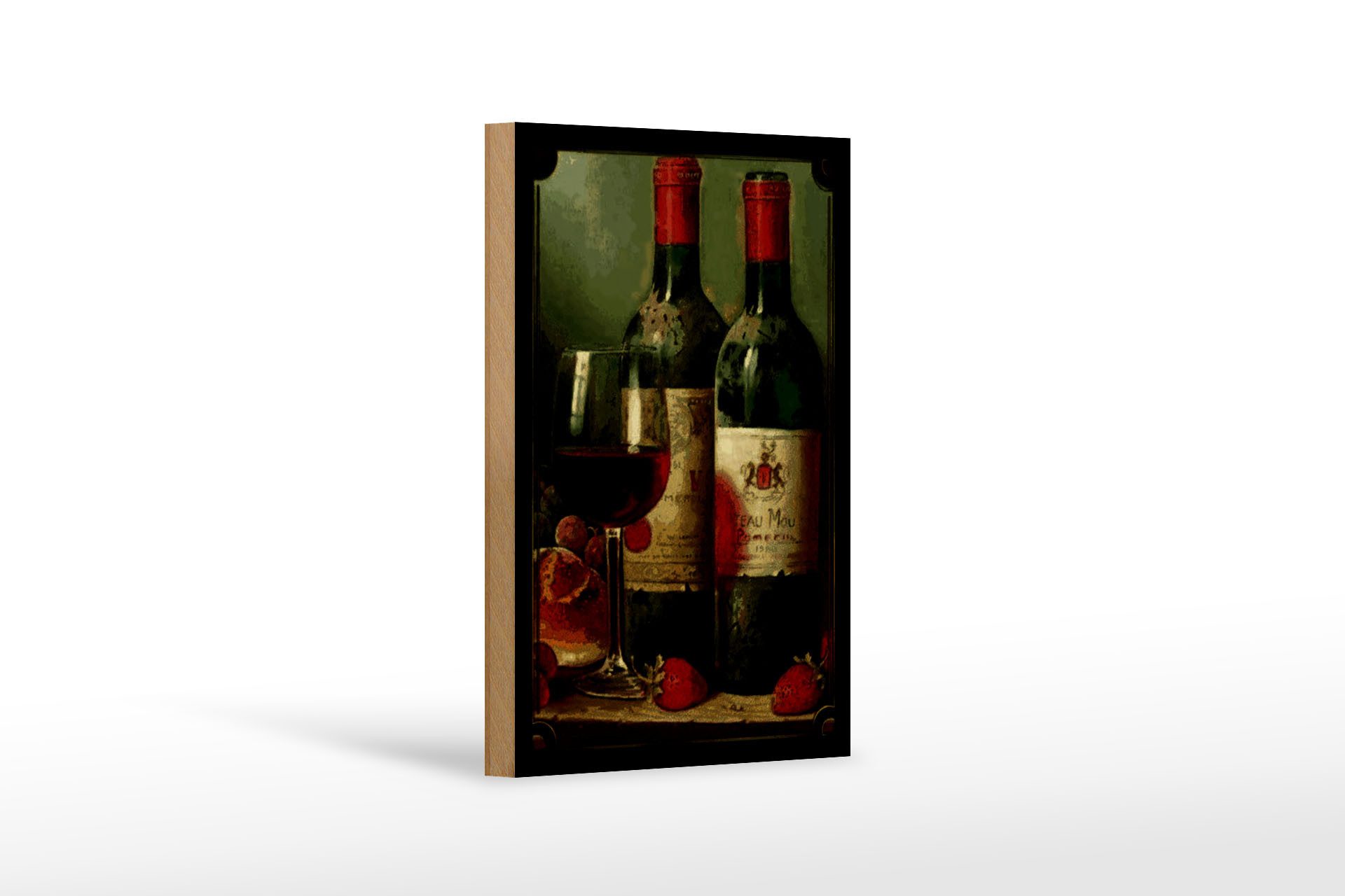 Holzbild Kunst 12x18cm Stillleben Rotwein Erdbeeren Obst