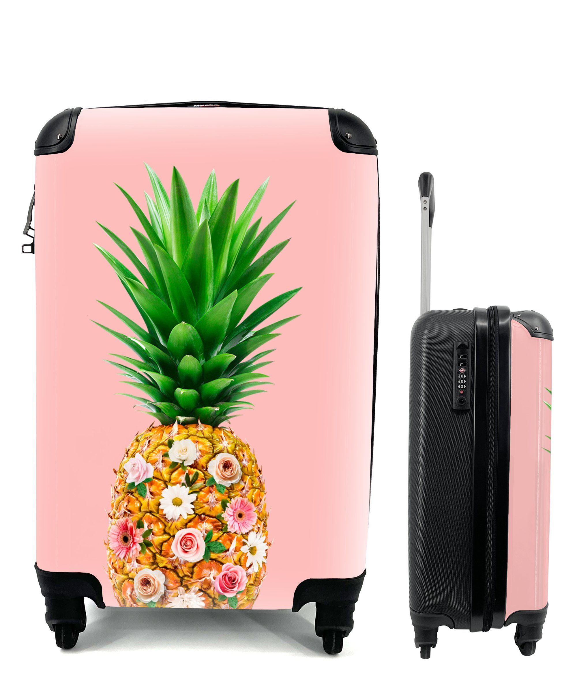 MuchoWow Handgepäckkoffer Stilleben - Ananas - Blumen, 4 Rollen, Reisetasche mit rollen, Handgepäck für Ferien, Trolley, Reisekoffer
