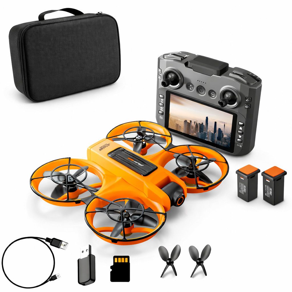 Goldstern-Tech RC-Quadrocopter (Drohne mit 12,5-cm HD-Display-Fernsteuerung, komplett geschütztem Propellerdesign), Dualkamera mit 90° Winkel & 50x Zoom, Optical-Flow, Brushless-Motoren