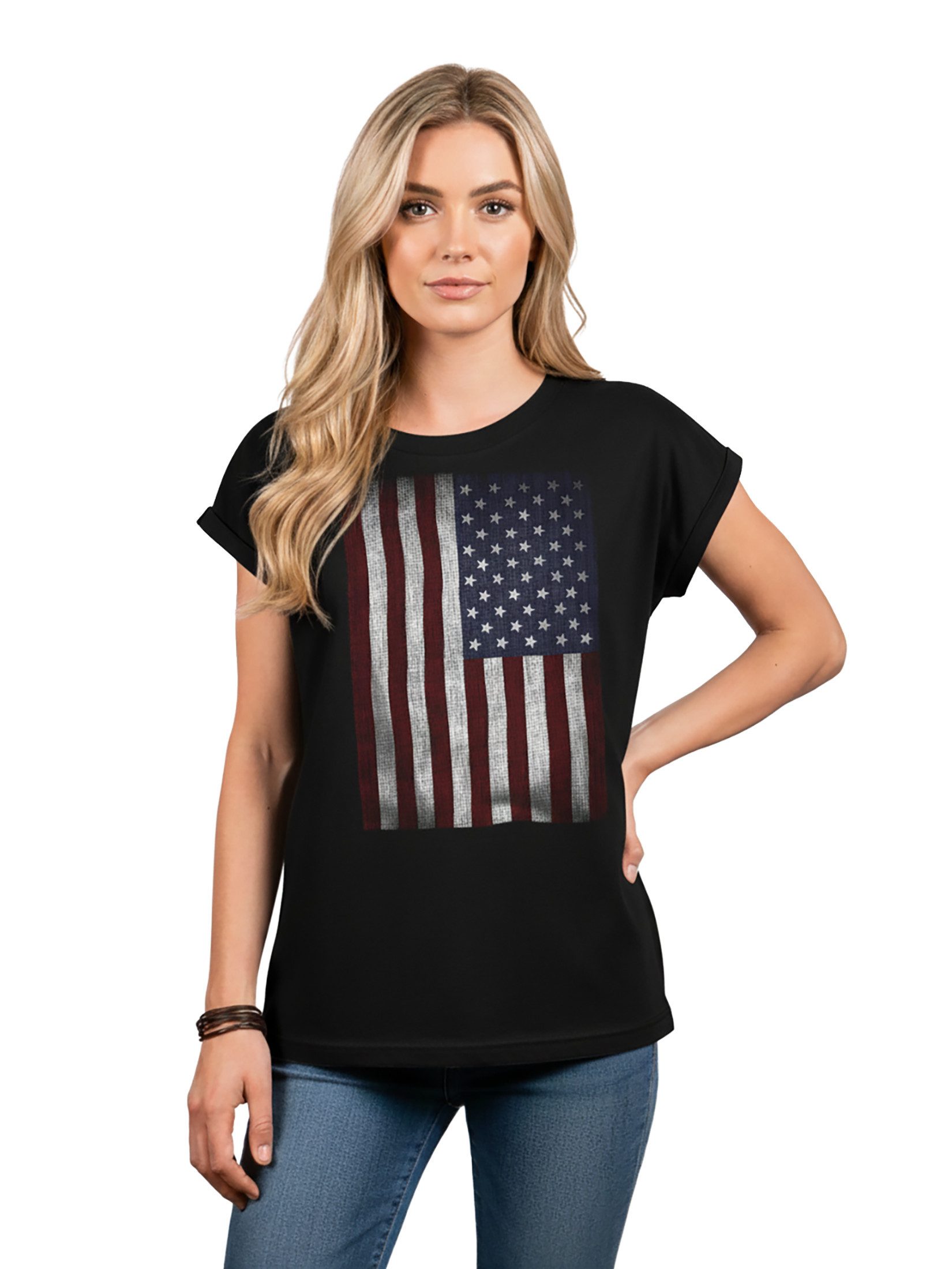 MAKAYA Print-Shirt Damen USA Flagge Vintage Amerika Fahne Tunika Top Sommer Oberteile (Kurzarm, schwarz, grau, blau) große Größen