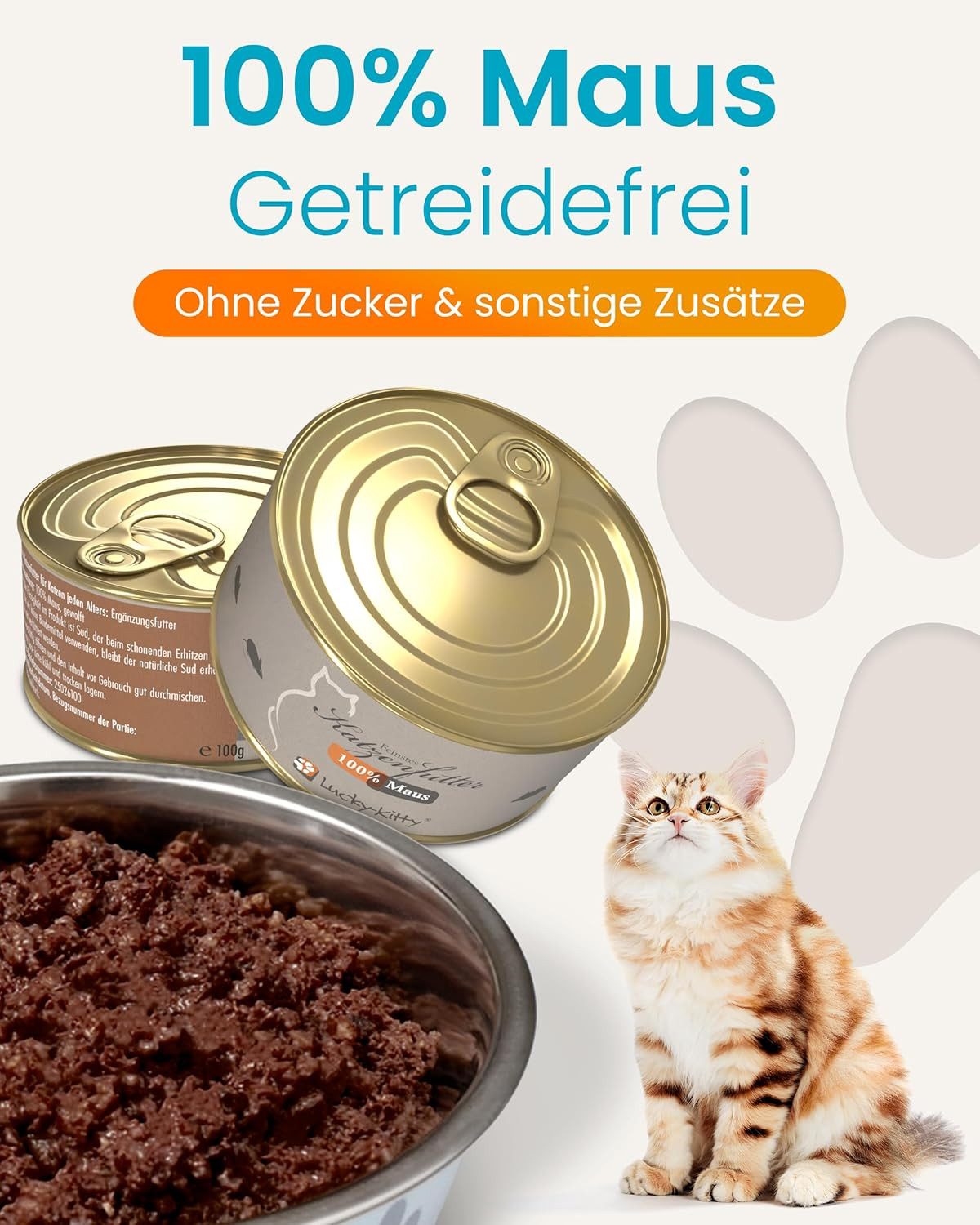 Lucky-Kitty Katzenfutter "Maus Pur", 100% gewolfte Maus, maximal artgerecht 12x100g, Nassfutter für: Katzen, Aus kontrollierter Haltung, getreidefrei, zuckerfrei, hypoallergen