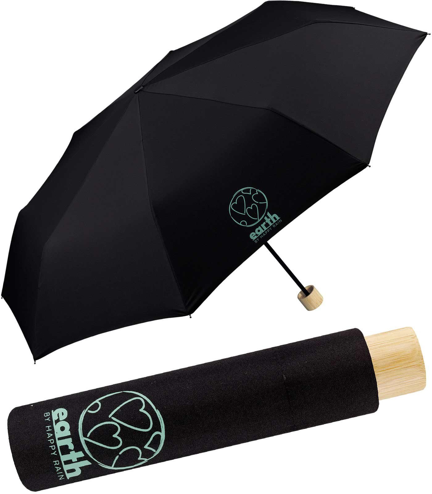 HAPPY RAIN Taschenregenschirm Earth - nachhaltiger stabiler Super-Mini-Schirm, gut geschützt etwas für die Umwelt tun schwarz | Taschenschirme