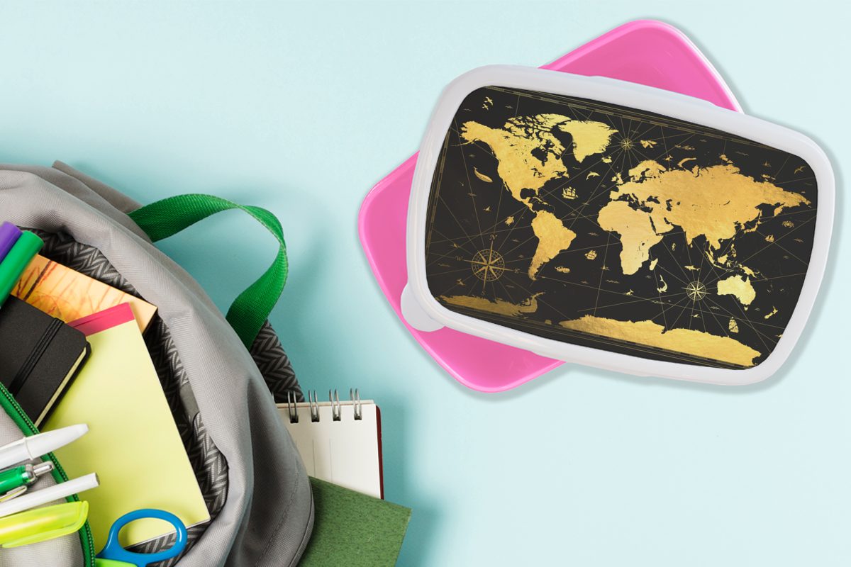 Schwarz rosa Gold Mädchen, - Brotdose Snackbox, (2-tlg), Kunststoff, Erwachsene, MuchoWow Kinder, Lunchbox Luxus, Brotbox - für Weltkarte - Kunststoff