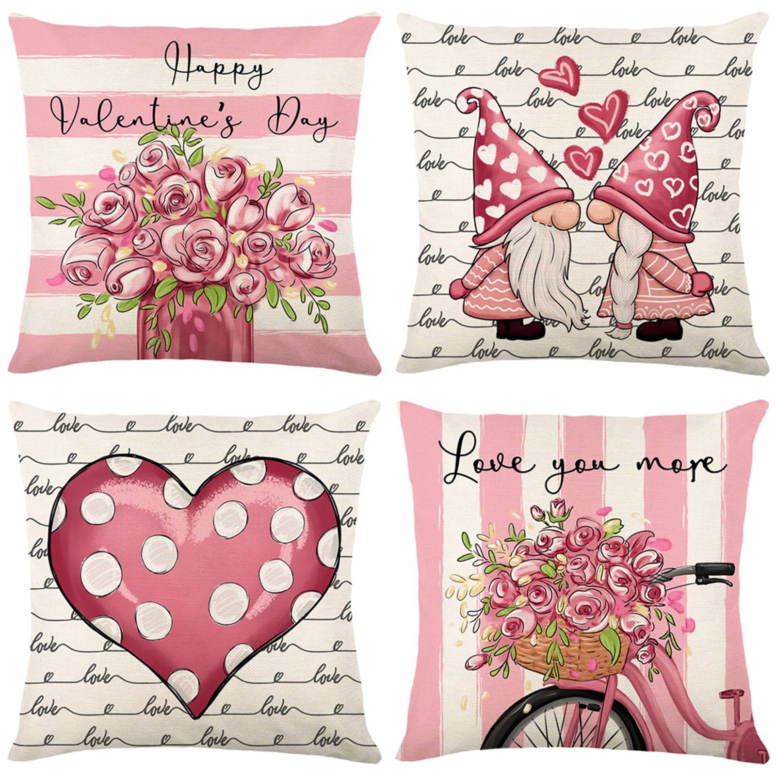 Kissenbezug 4 Stück, Valentinstag Thema, Leinen, Quadrat, für Bett Sofa Deko, Rosnek (4 Stück) Rosa1