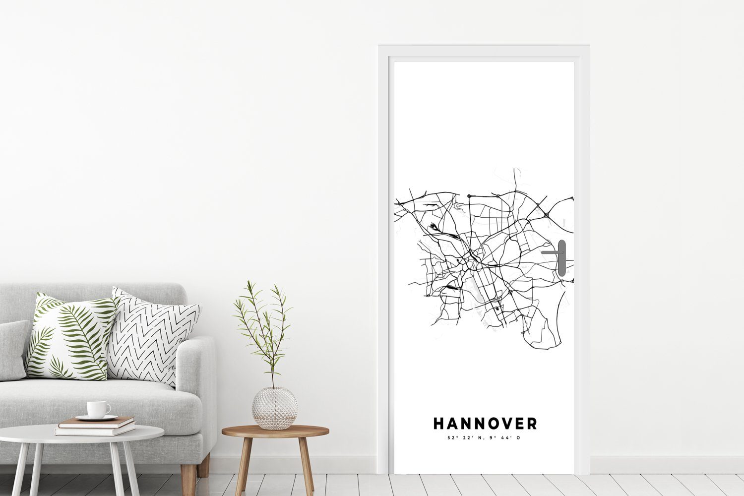 Tür, (1 - 75x205 Stadtplan Hannover Türaufkleber, - und St), MuchoWow Türtapete weiß, Fototapete - bedruckt, Schwarz cm Karte Matt, Deutschland für -