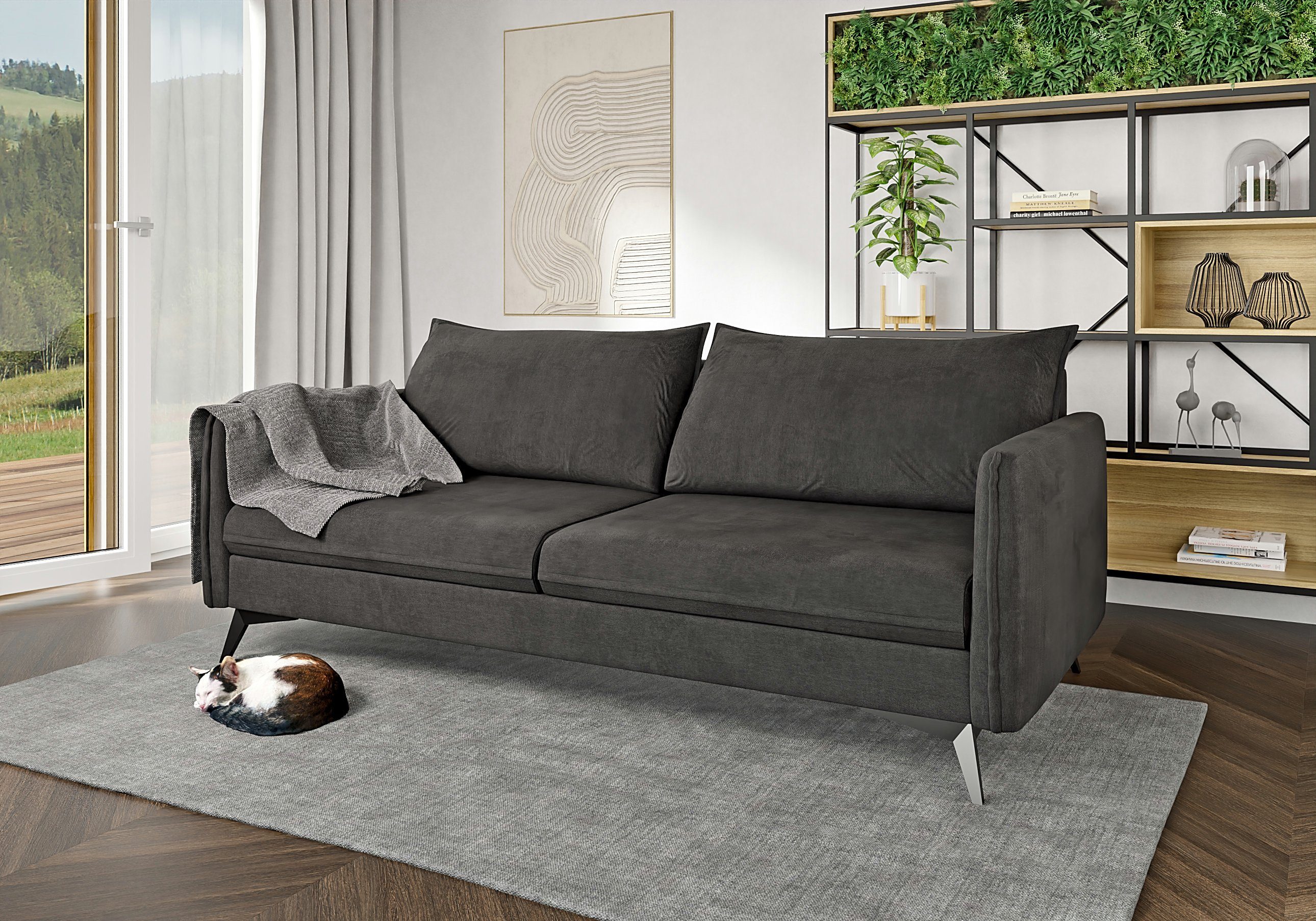 Azalea Möbel 3-Sitzer S-Style mit Schwarz Wellenfederung Füßen, Sofa Metall mit Graphit Modernes