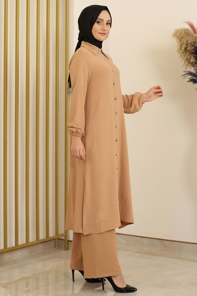 Modavitrini Longtunika Damen Beige Knöpfe, Stoff Zweiteiler Tunika Hose Lange Anzug mit Kleidung Aerobin Hijab