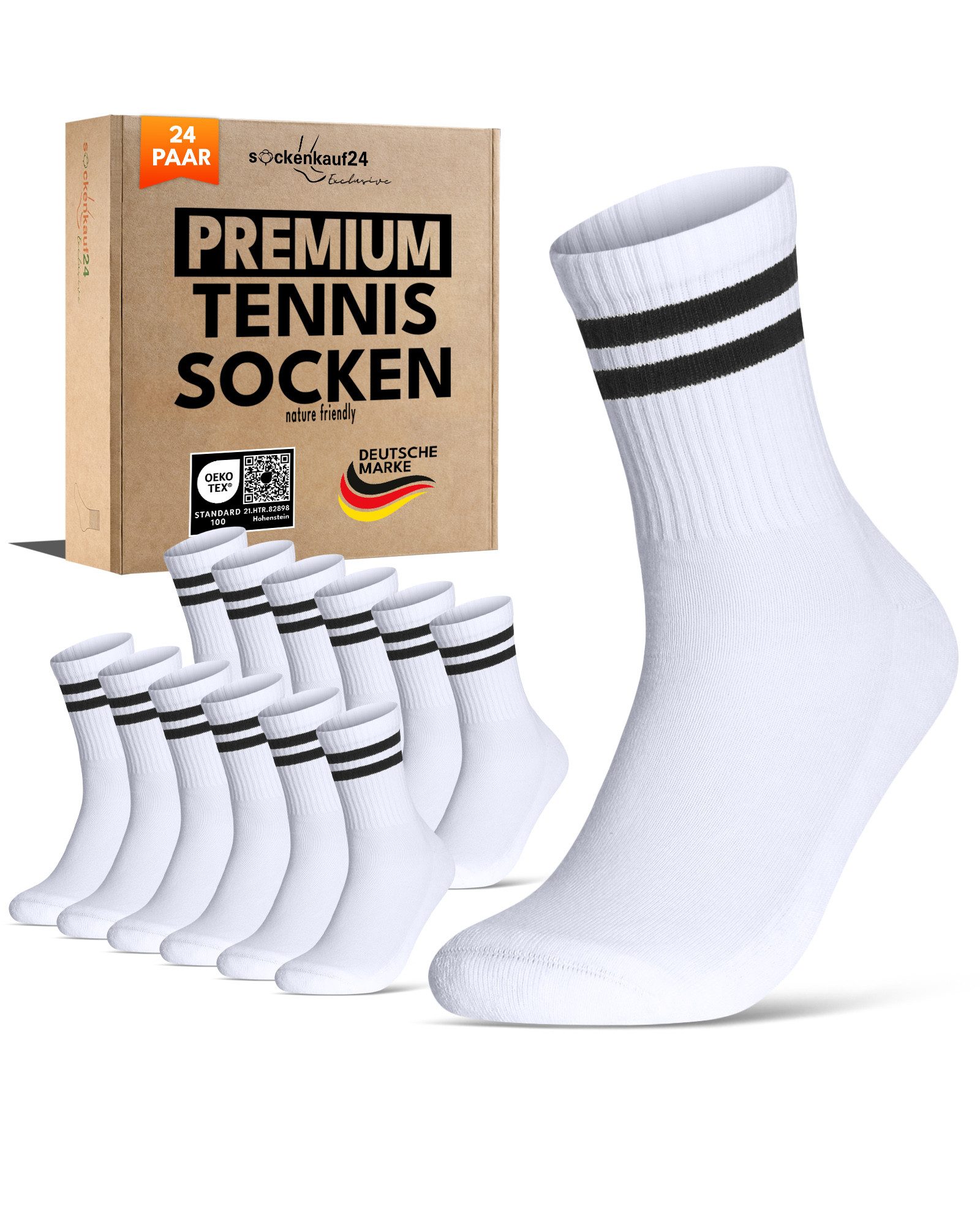 sockenkauf24 Tennissocken Herren Sportsocken Premium Retro Crew Socken mit Komfortbund (24-Paar) verstärkte Ferse & Fußspitze, gepolsterte Sohle, gekämmte Baumwolle