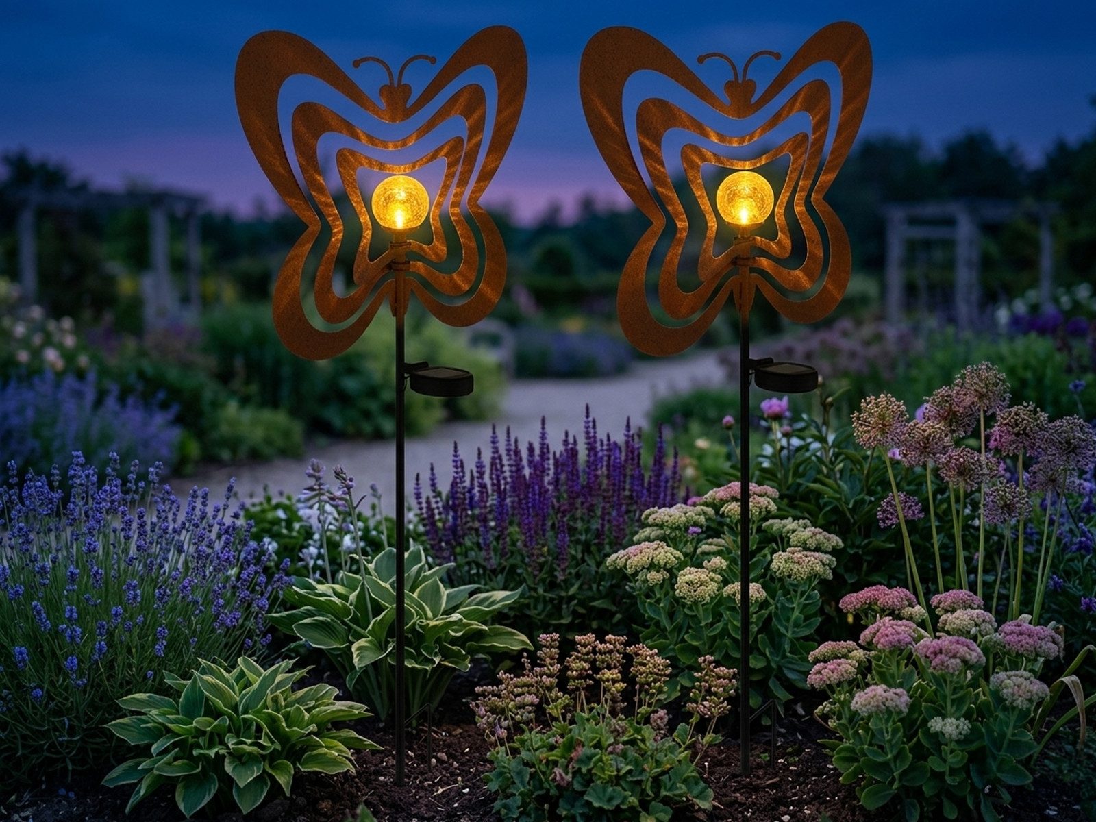 GLOBO LIGHTING LED Solarleuchte 2er Set Gartenstecker Schmetterling 83cm, LED fest integriert, warmweiß, Solar-beleuchtung Garten-leuchten mit Erdspieß Gartenlichter Rostoptik
