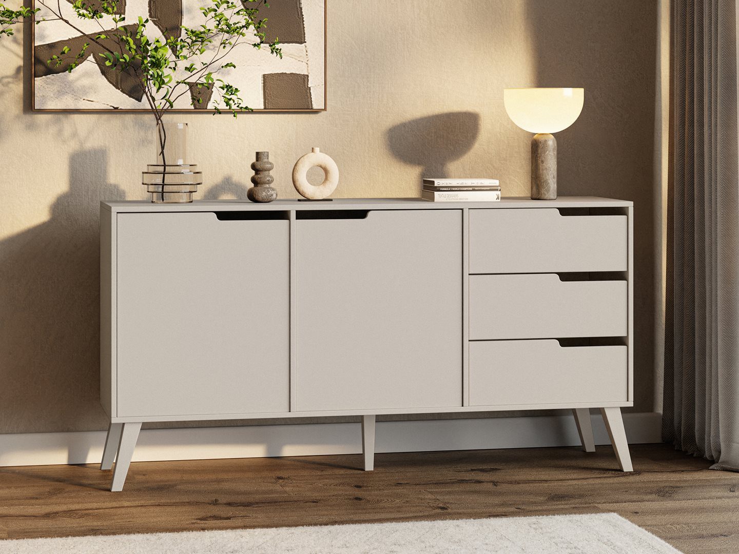 Beautysofa Kommode NOREL modernes Design mit drei Schubladen und zwei Schränken (erhältlich in Braun Walnuss & Cashmere), Breite: 160 cm