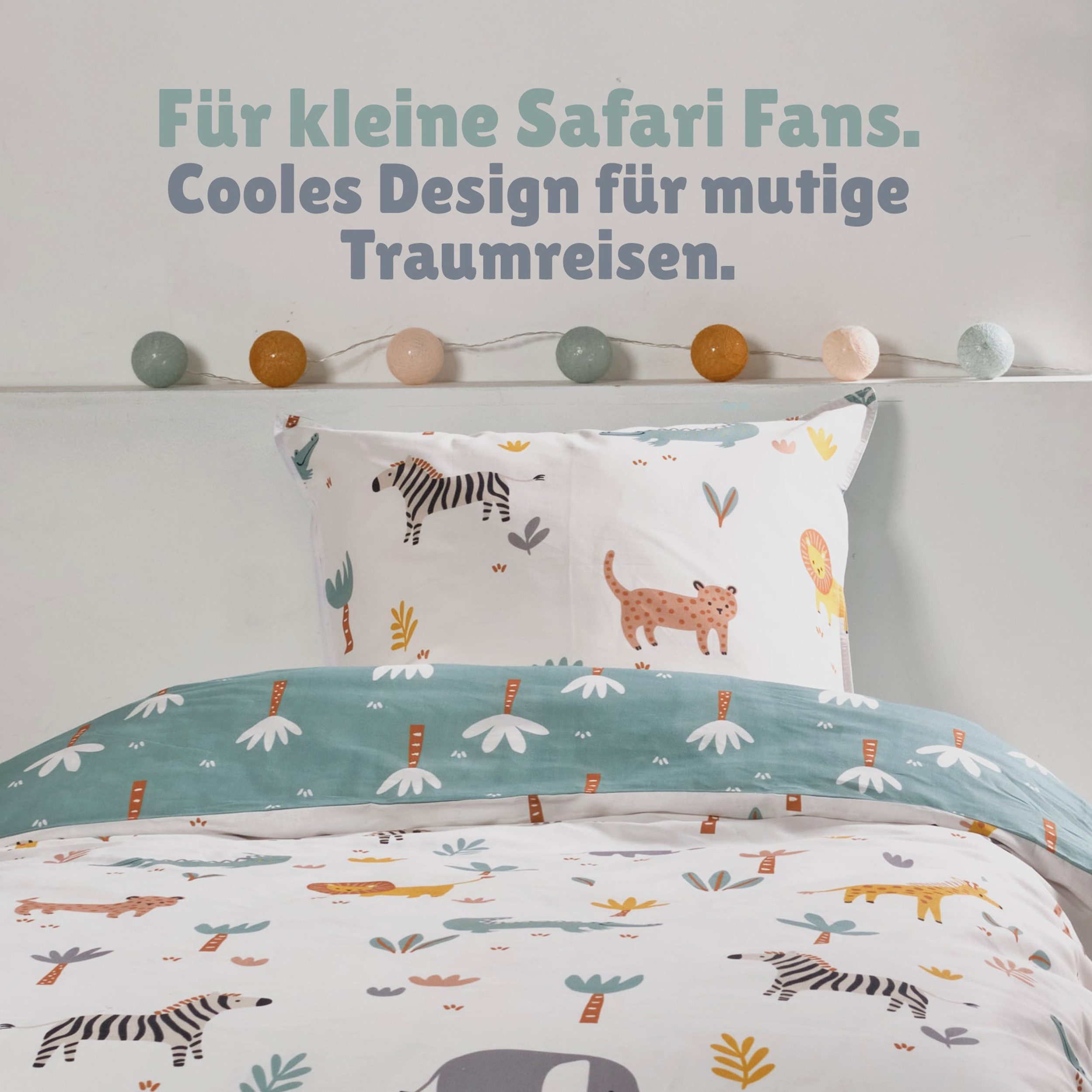 Familando Kinderbettwäsche Safari Tiere 135x200 80x80 cm mit Elefant Tiger & Co., Renforcé, 2 teilig, Bettwäsche mit liebevollem Motiv für Mädchen und Jungen