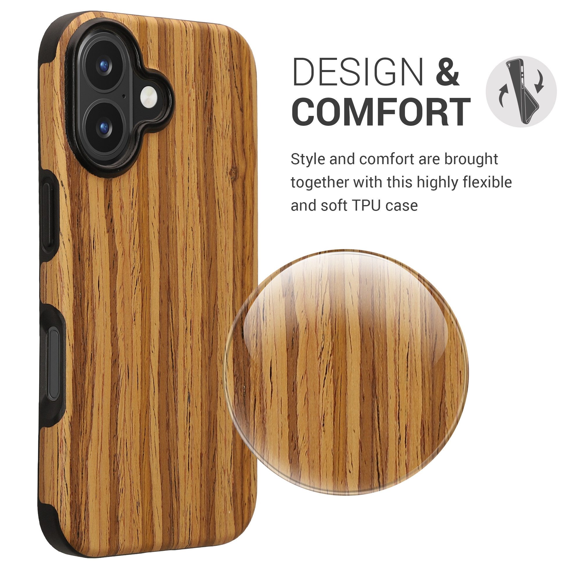kwmobile Smartphone-Hülle Hülle für Apple iPhone 16, Handy Case Cover Holz Schutzhülle - Holz Maserung Design