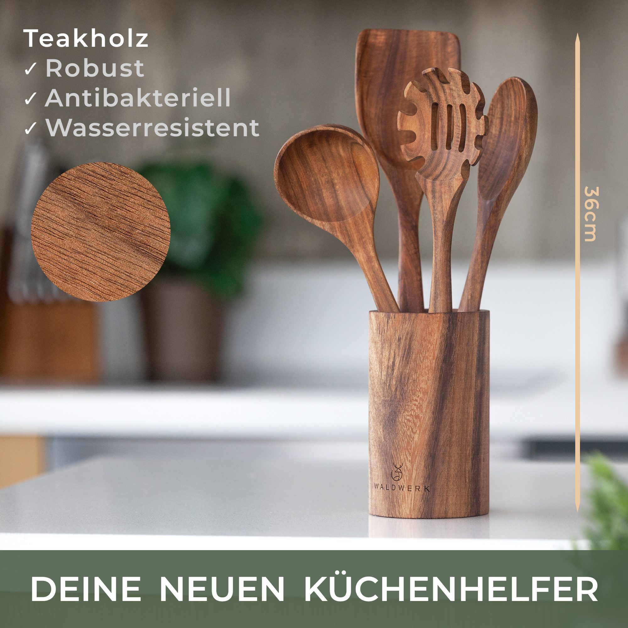 Waldwerk Kochbesteck-Set Küchenhelfer aus Teakholz - Kochbesteck Set - Küchenutensilien (4-tlg), Pfannenwender, Holzlöffel, Nudellöffel und mehr – Bild 2 von 5