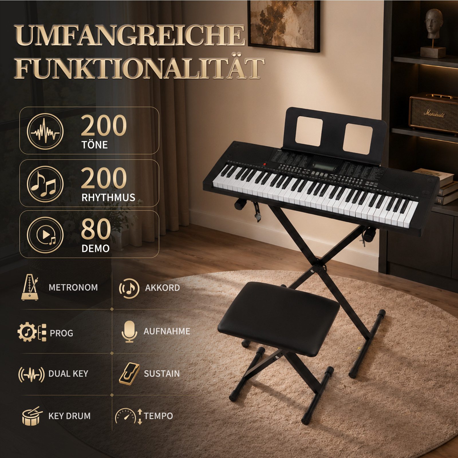 LALAHO Klavier 61 Tasten E Keyboard Set mit Ständer, Digital Keyboard, LCD-Display mit MIDI USB, Kinder Keyboard Set, Digitalpiano Anfänger – Bild 4 von 5
