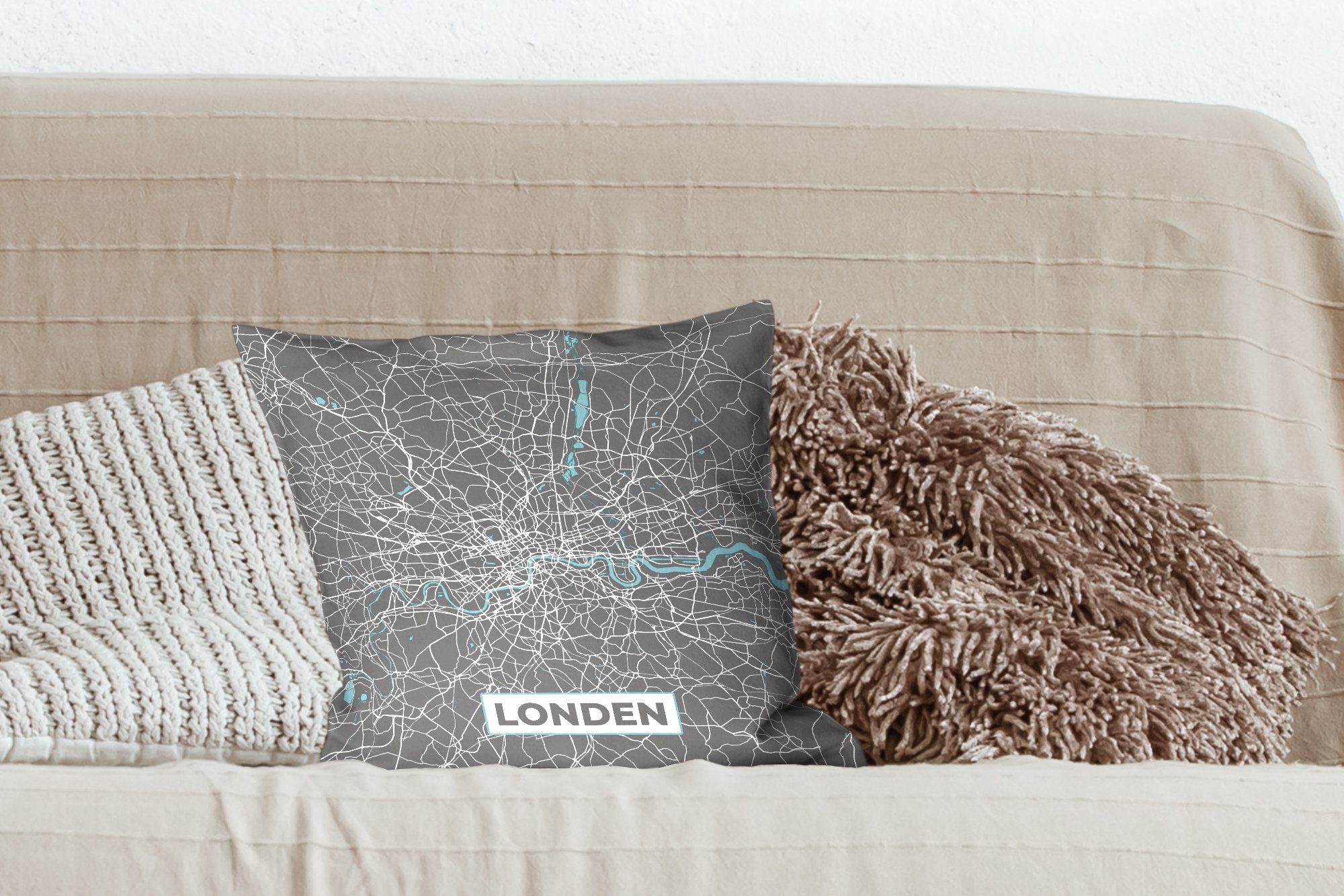 Füllung Wohzimmer, - London Deko, Sofakissen Dekokissen Blau mit - für Stadtplan, Karte Schlafzimmer, Zierkissen MuchoWow -