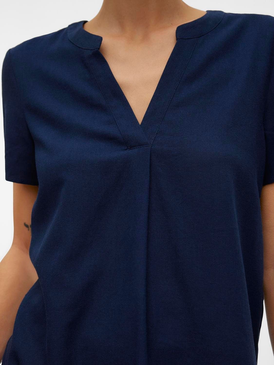 Vero Moda Blusenshirt VMMYMILO SS V-NECK TOP WVN GA mit Leinen