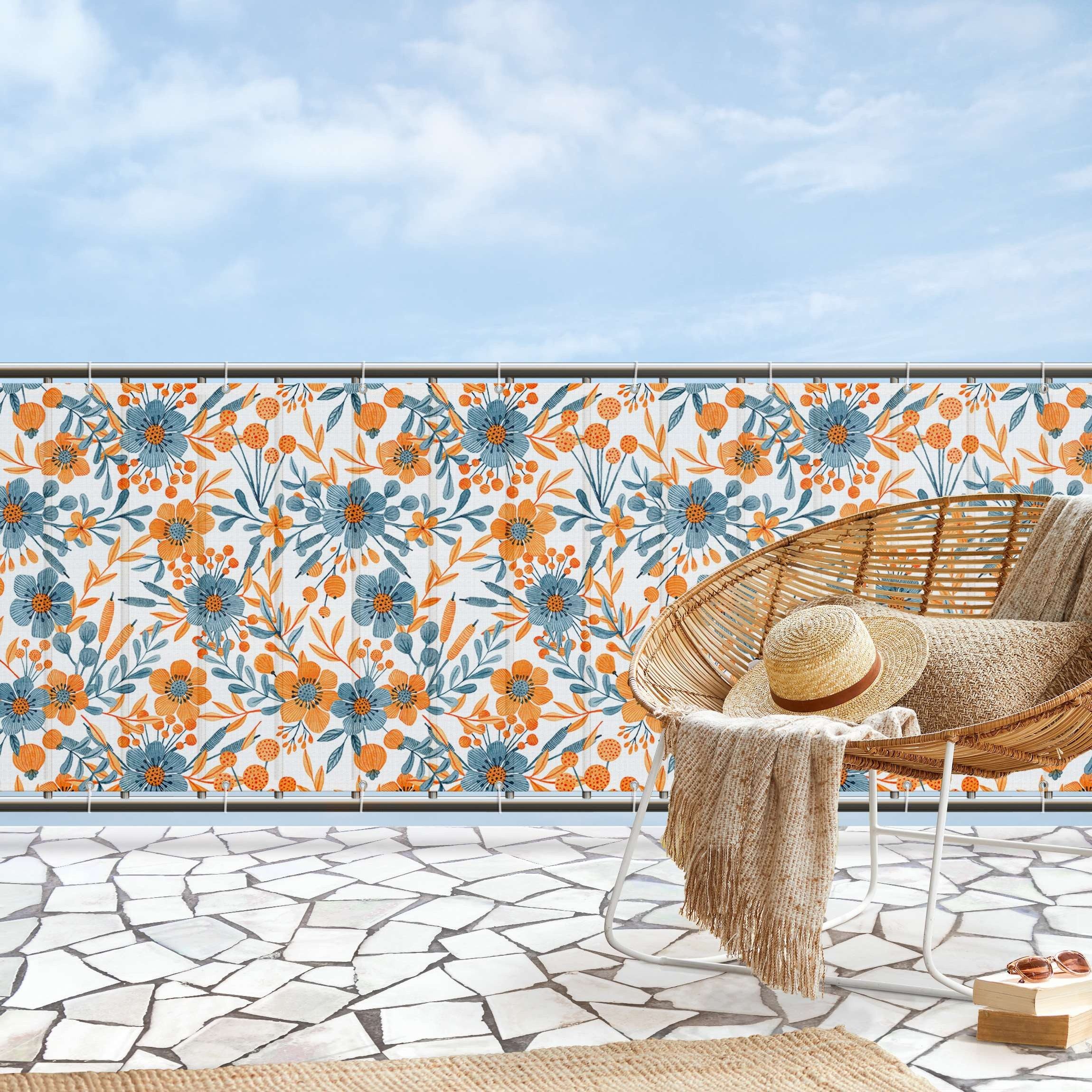 Thumbnail - Bilderdepot24 Balkonsichtschutz Sichtschutz Balkon Blumen Natur Muster Orange Blaue Blüten Weiß (1m bis 10m fein gelocht...