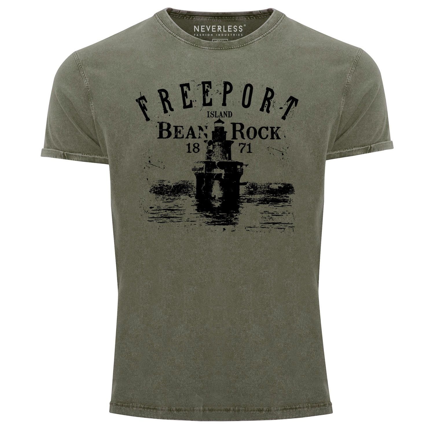 Neverless Print-Shirt Herren Vintage Shirt Retro Print Leuchturm Schriftzug Freeport Island mit Print