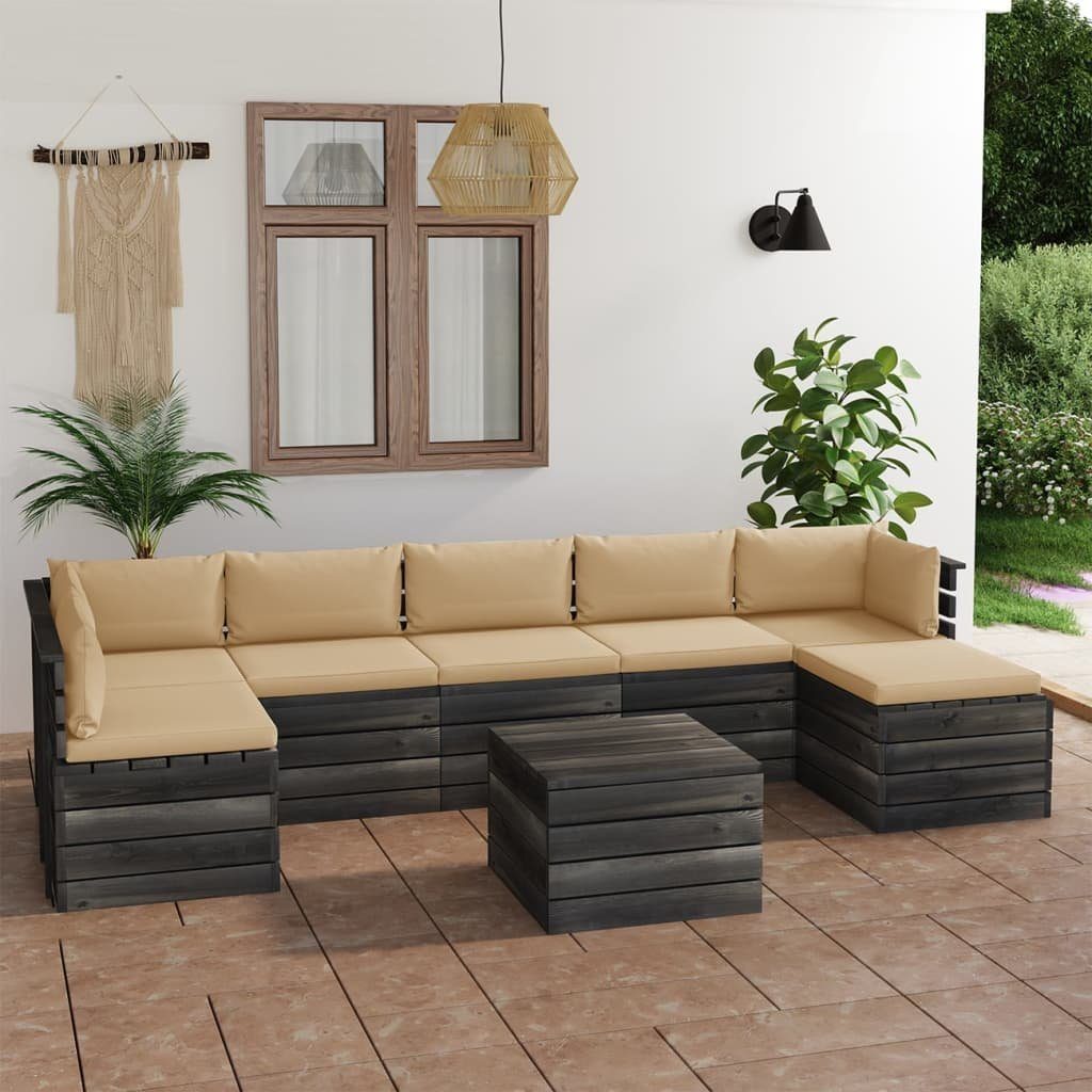 vidaXL Gartenlounge-Set 8-tlg. Garten-Sofagarnitur aus (8-tlg) Beige Kiefernholz, mit Paletten Kissen