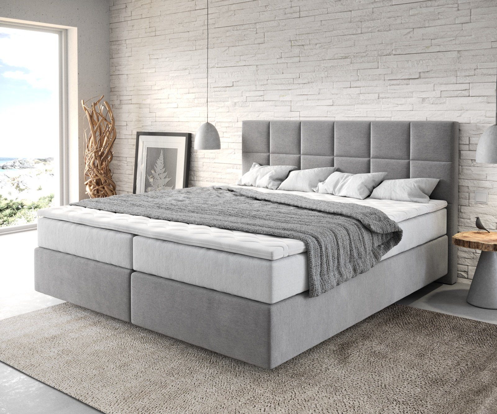 DELIFE Boxspringbett Dream-Fine, Mikrofaser Grau 180x200 cm mit TFK Matratze und Visco Topper