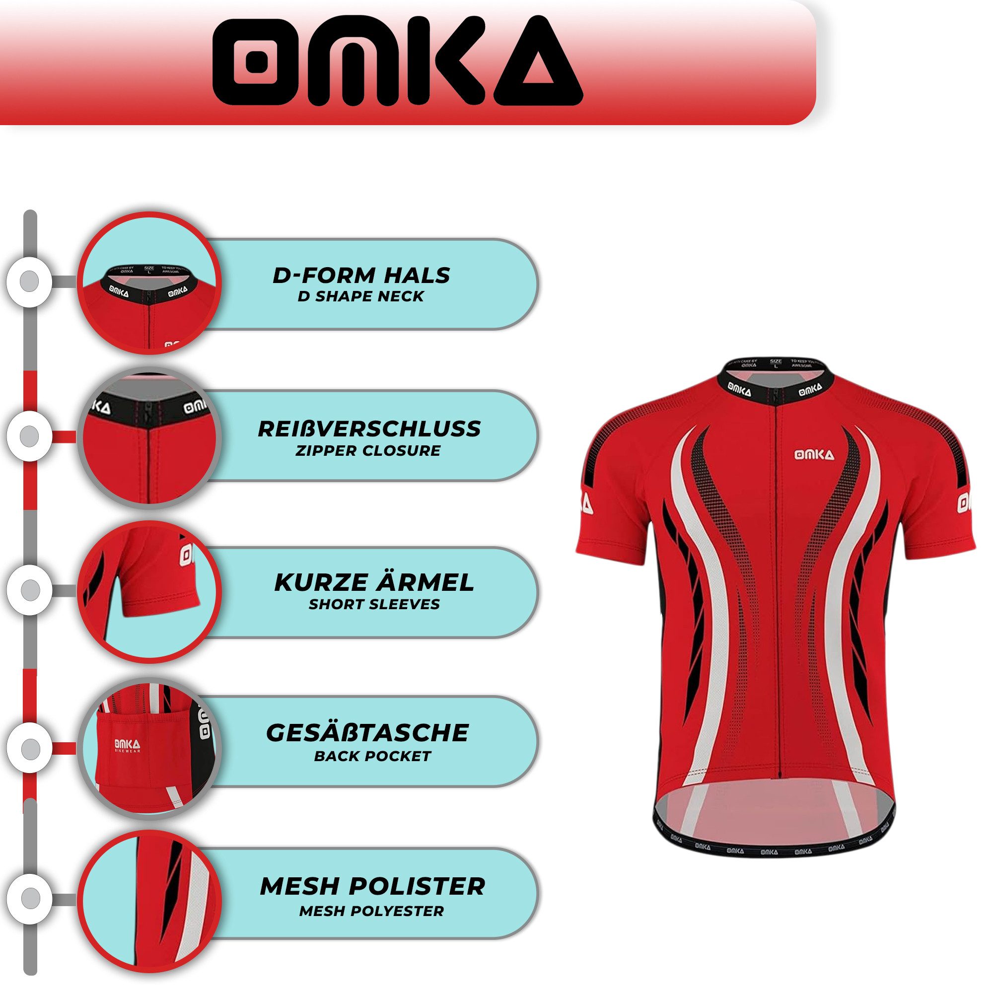 OMKA Radtrikot ME-3013 Rot/Weiß Herren Racing Performance Radtrikot mit Sublimationsdruck