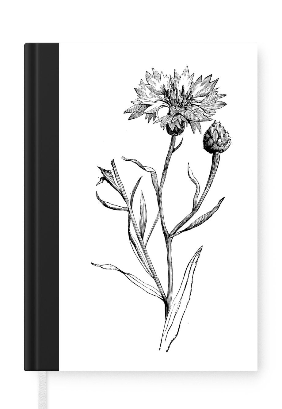 MuchoWow Notizbuch Eine schwarz-weiße Illustration einer einzelnen Kornblume, Journal, Merkzettel, Tagebuch, Notizheft, A5, 98 Seiten, Haushaltsbuch