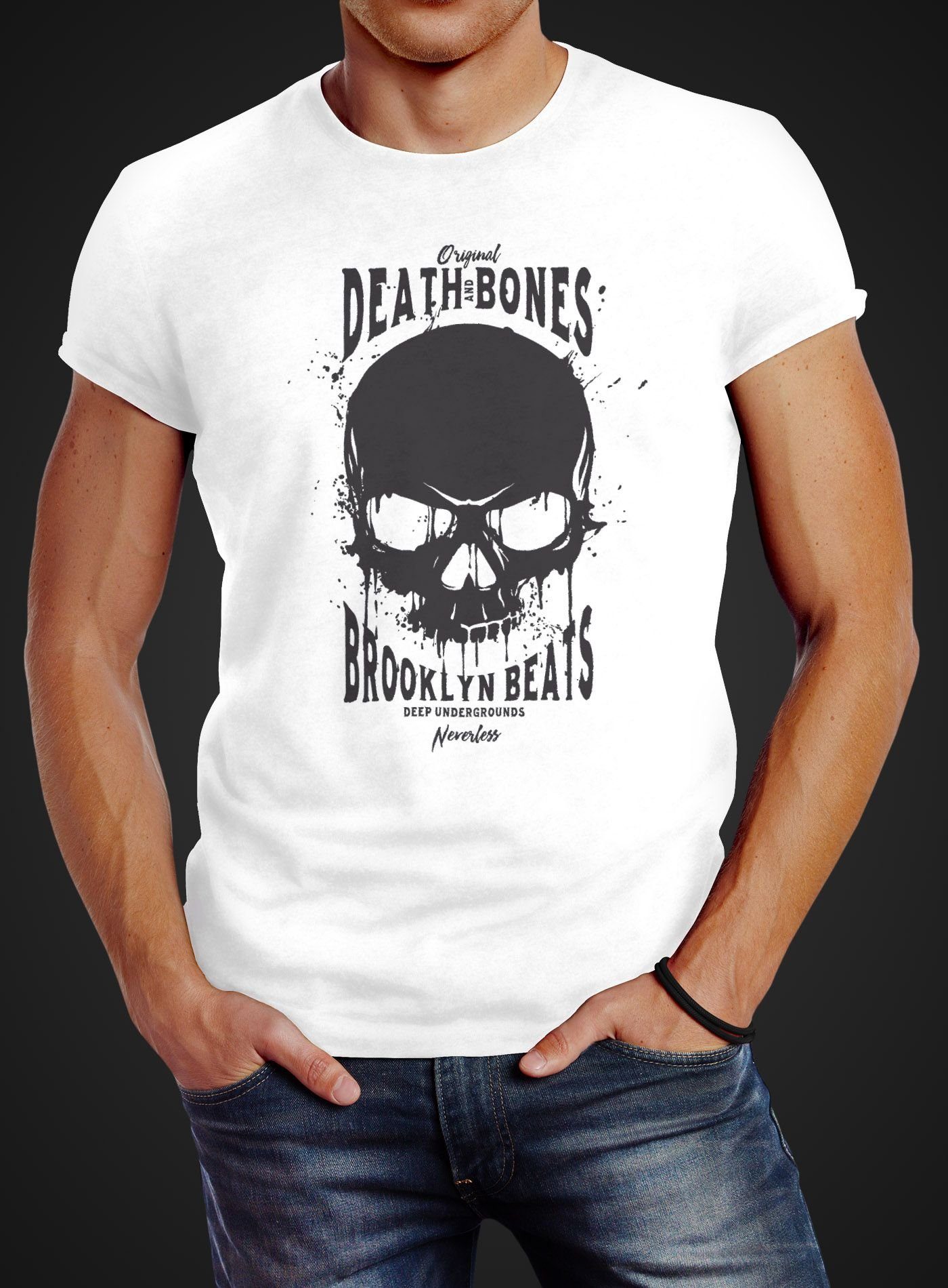 Neverless Print-Shirt Herren T-Shirt Skull Slim Fit Neverless® Techno Print Logo weiß Bones mit Death and