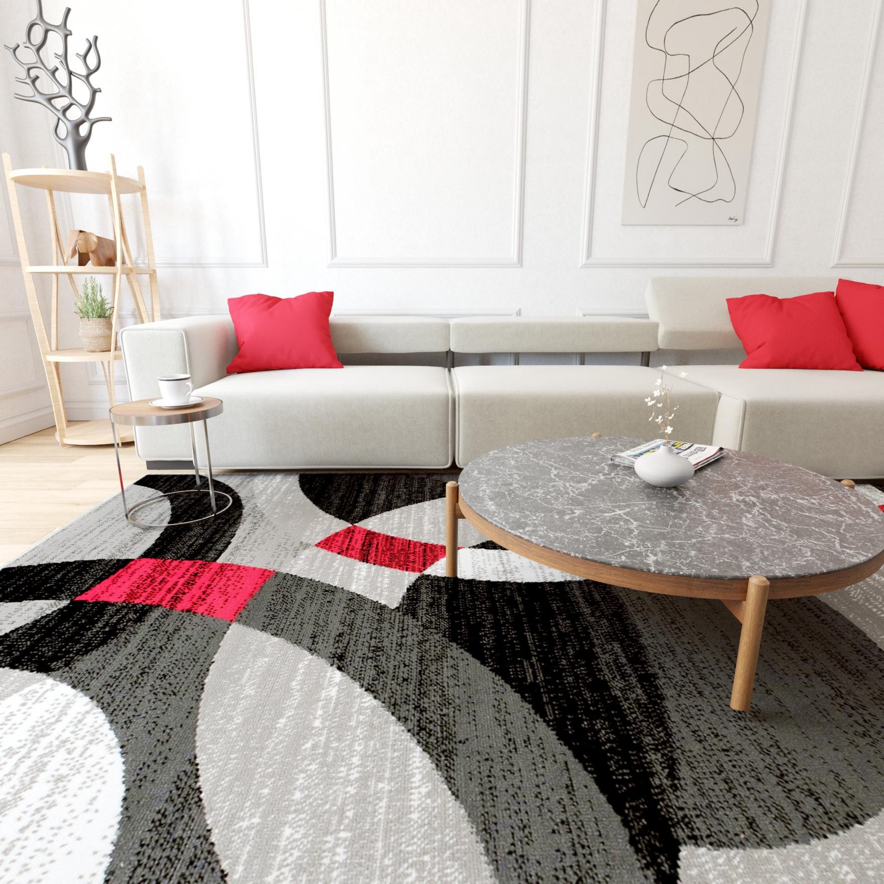 Mazovia Orientteppich Modern Geometrisch Rot Anthrazit Wohnzimmer, Schlafzimmer, Büro, Fußbodenheizung – Bild 3 von 5