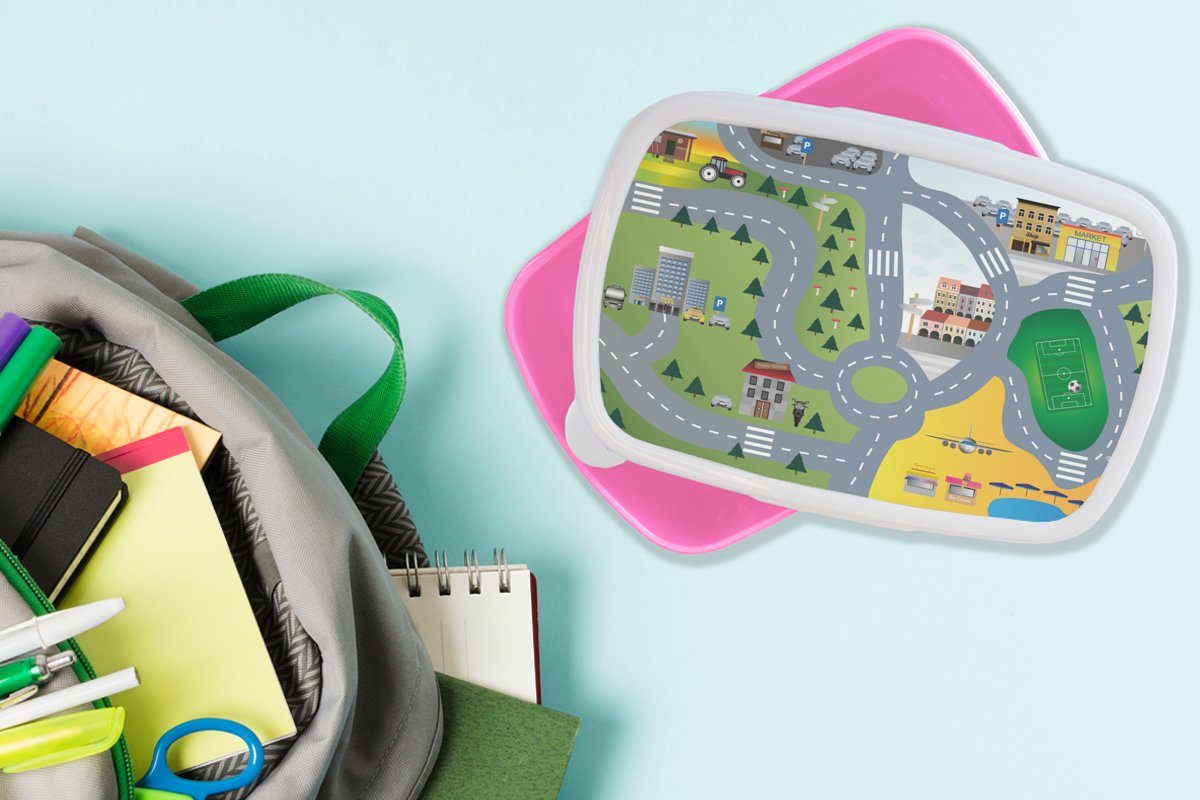 MuchoWow Lunchbox Kinder - für rosa Erwachsene, Kinder, Dorf Brotbox Brotdose - Kunststoff, Kunststoff Auto - Snackbox, (2-tlg), Straßen, Mädchen