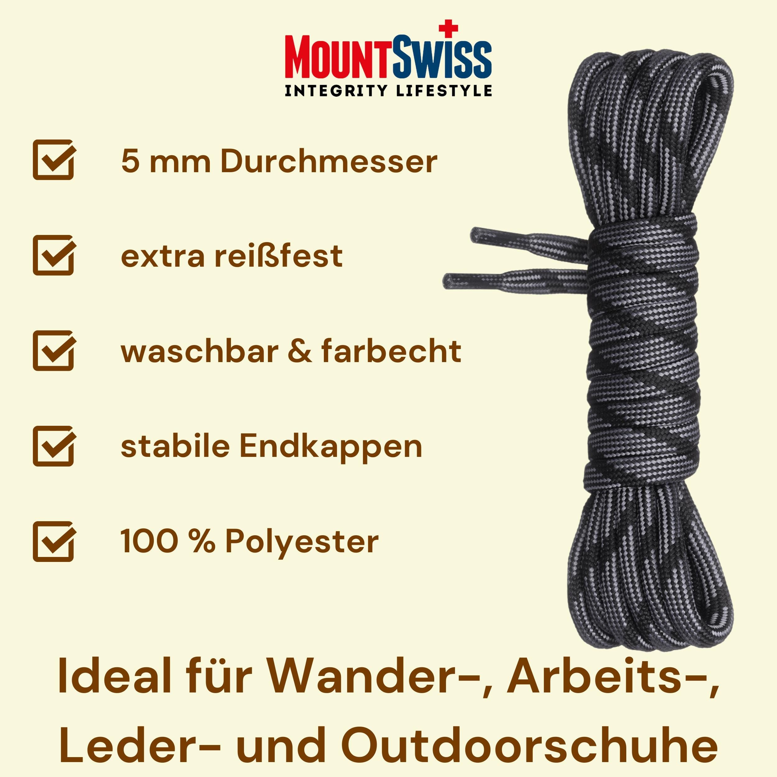 Mount Swiss Schnürsenkel Rundsenkel für Trekking- und Arbeitsschuhe, ø 5 mm, Länge 70 - 220 cm