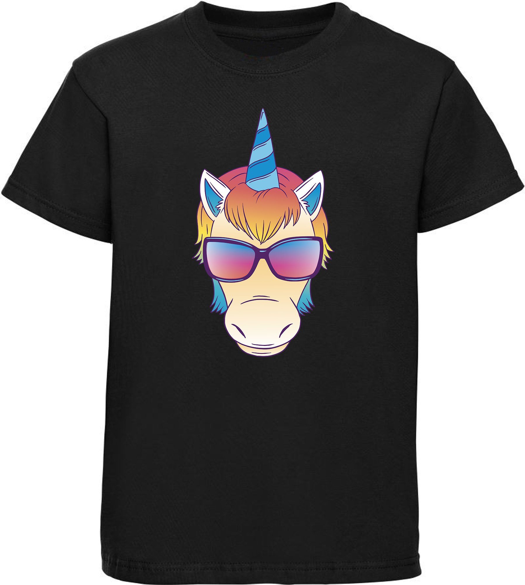 MyDesign24 T-Shirt Kinder Print Shirt bedruckt - Einhorn Kopf mit Sonnenbrille Baumwollshirt mit Aufdruck, i255 schwarz