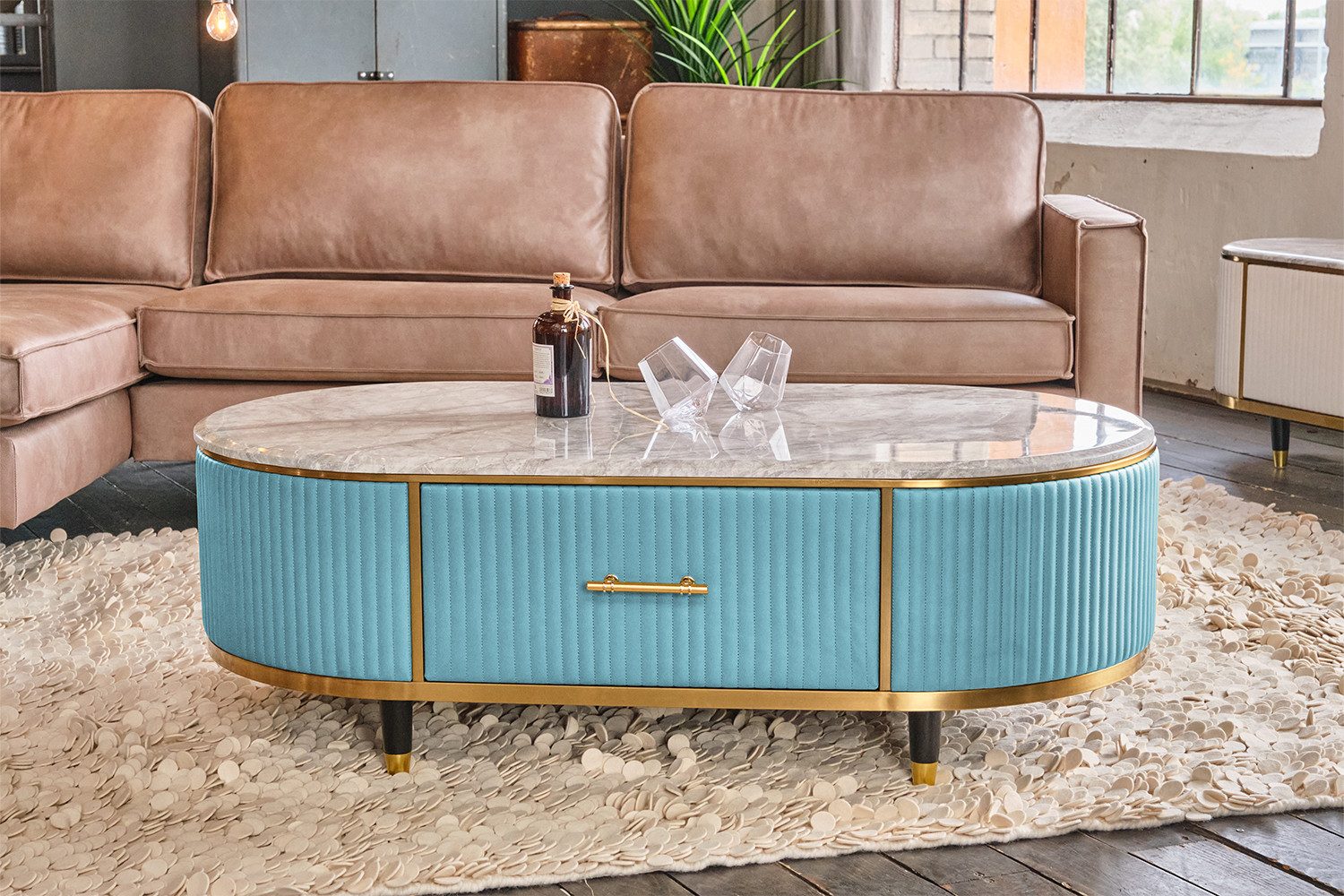 KAWOLA Couchtisch MARIA, Marmorplatte Kunstleder verschiedene günstig online kaufen
