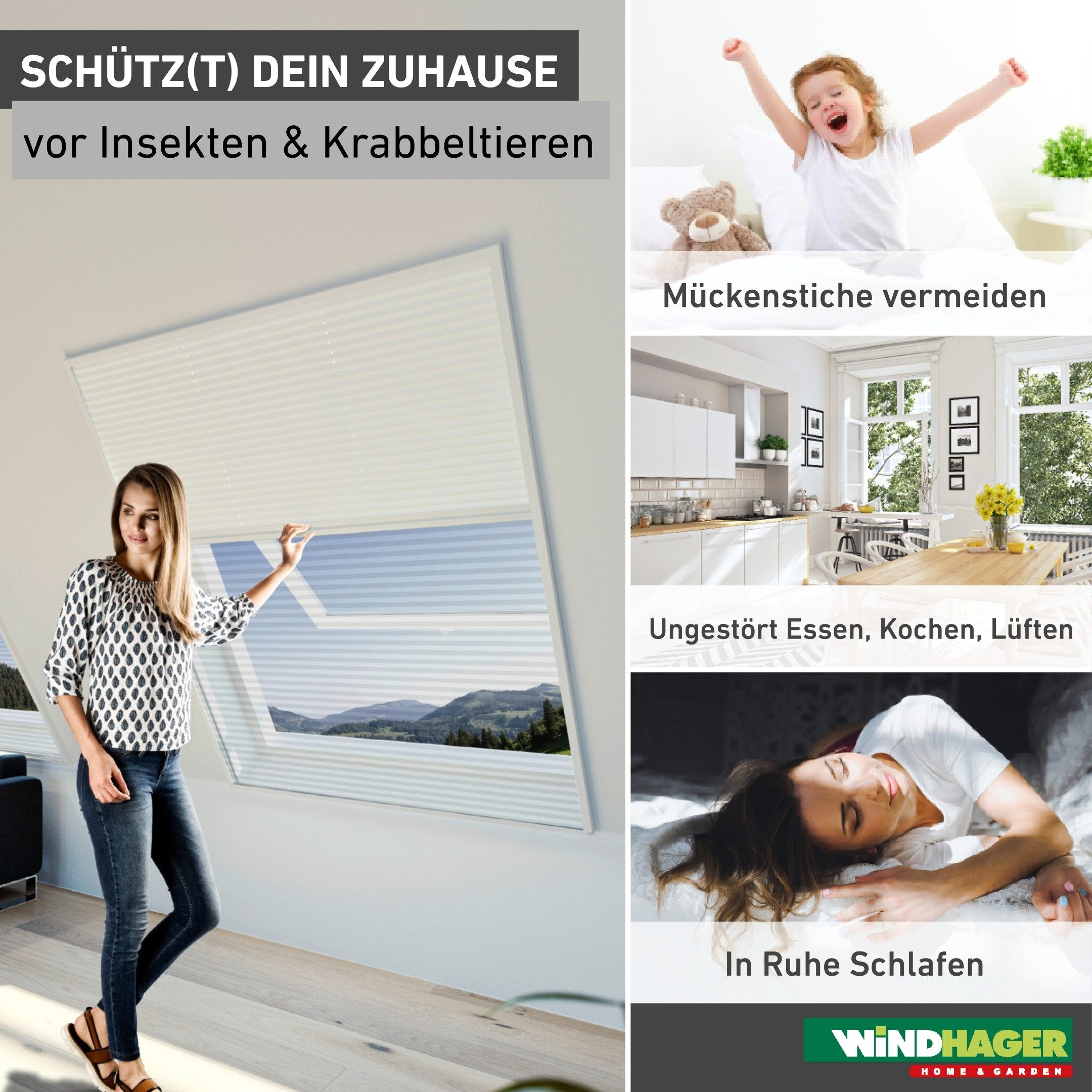 Windhager Insektenschutz-Fensterrahmen Expert, Insekten- und Sonnenschutz in Plisseeform mit Alurahmen, Insektenschutz für Dachfenster, 110 x 160 cm, weiß