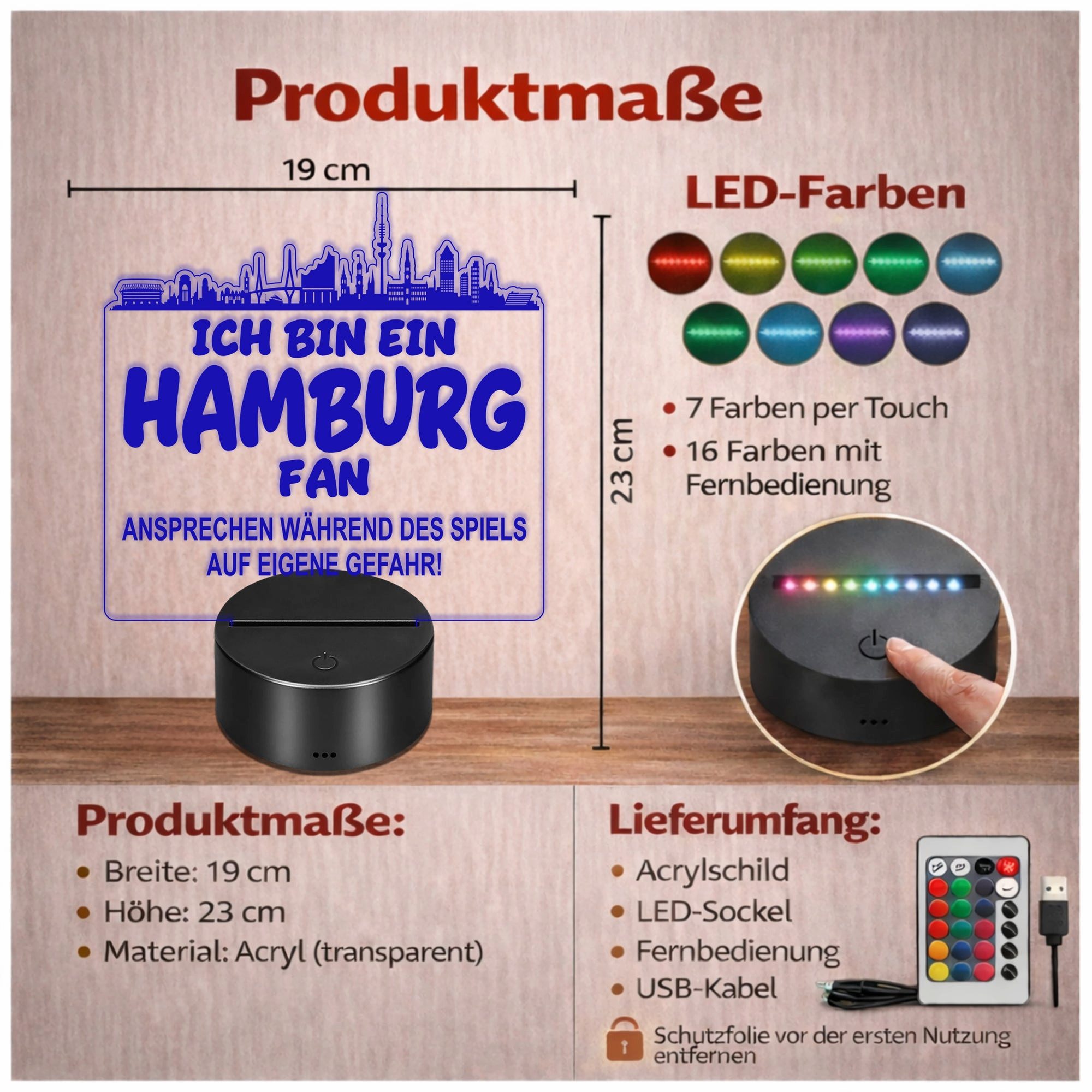 Lieblingsmensch LED Nachtlicht Fußball - Ich bin ein Hamburg Fan - Ansprechen auf eigene Gefahr, LED fest integriert, Farbwechsel oder feste Farbe mit Fernbedienung & Touch, Man Cave Stimmungslicht – 19x23cm