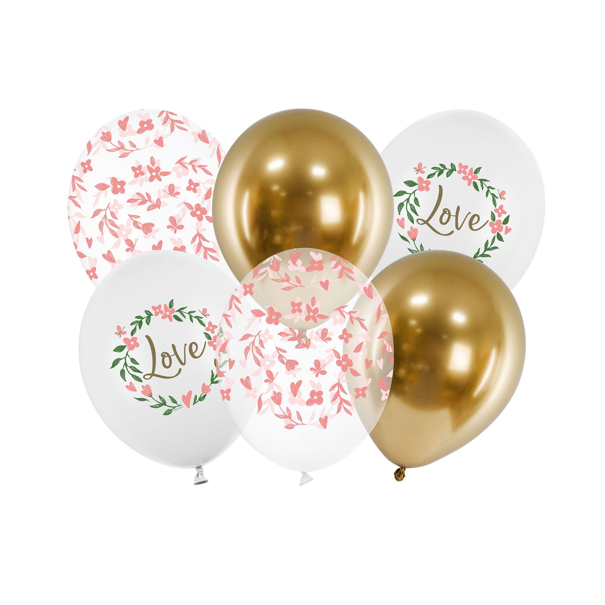 partydeco Luftballon, Luftballons Love 30cm Weiß / Klar Transparent / Gold 6er Set