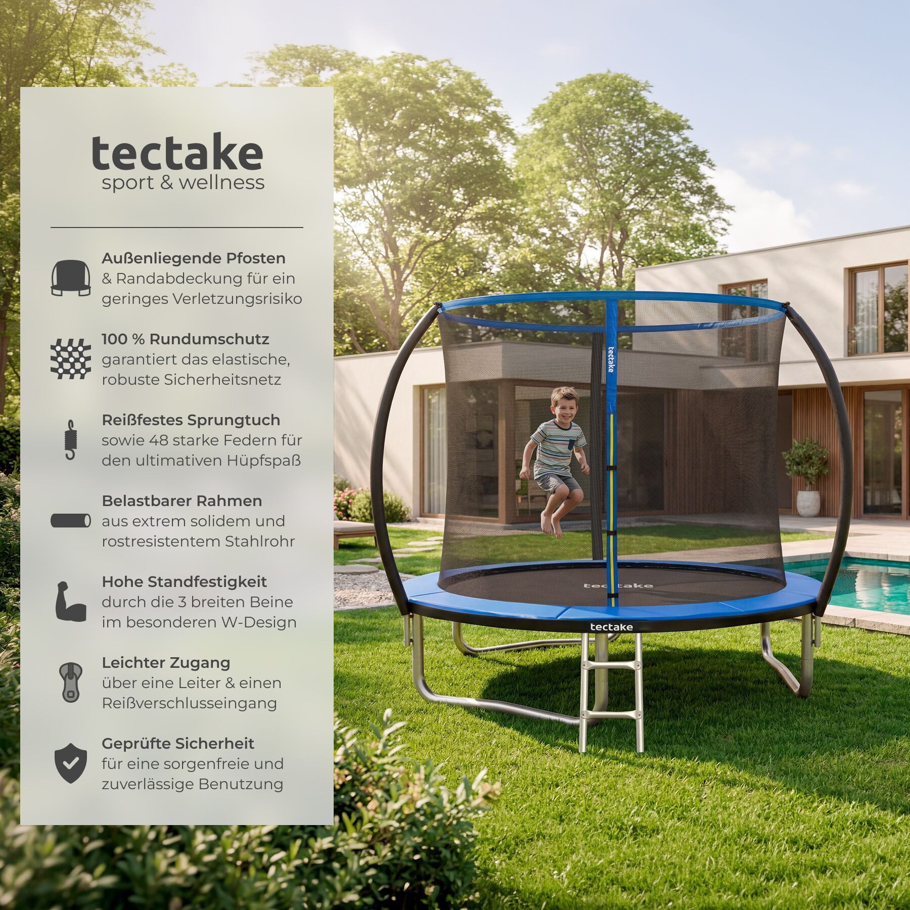 tectake Gartentrampolin Kindertrampolin mit Einstiegsleiter und Sicherheitsnetz Ø 244 cm, (Outdoortrampolin Jumpy, in schwarz/blau), GS zertifiziert, Randabdeckung, reißfestes Sprungtuch