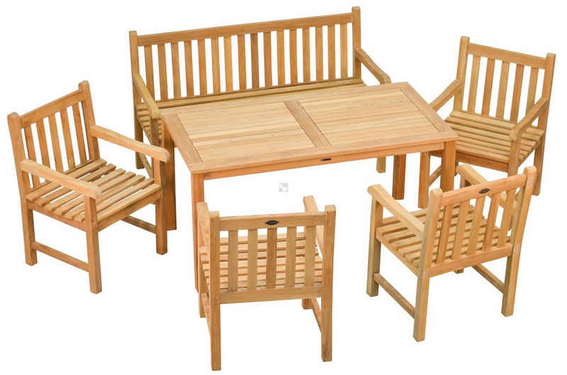 Kai Wiechmann Garten-Essgruppe Teak Sitzgruppe aus 1 Bank 150 cm, 4 Sessel und 1 Tisch 150 x 80 cm, (6-tlg., 1 Bank, 4 Sessel, 1 Tisch), sechsteiliges Set aus robusten Teak Gartenmöbeln