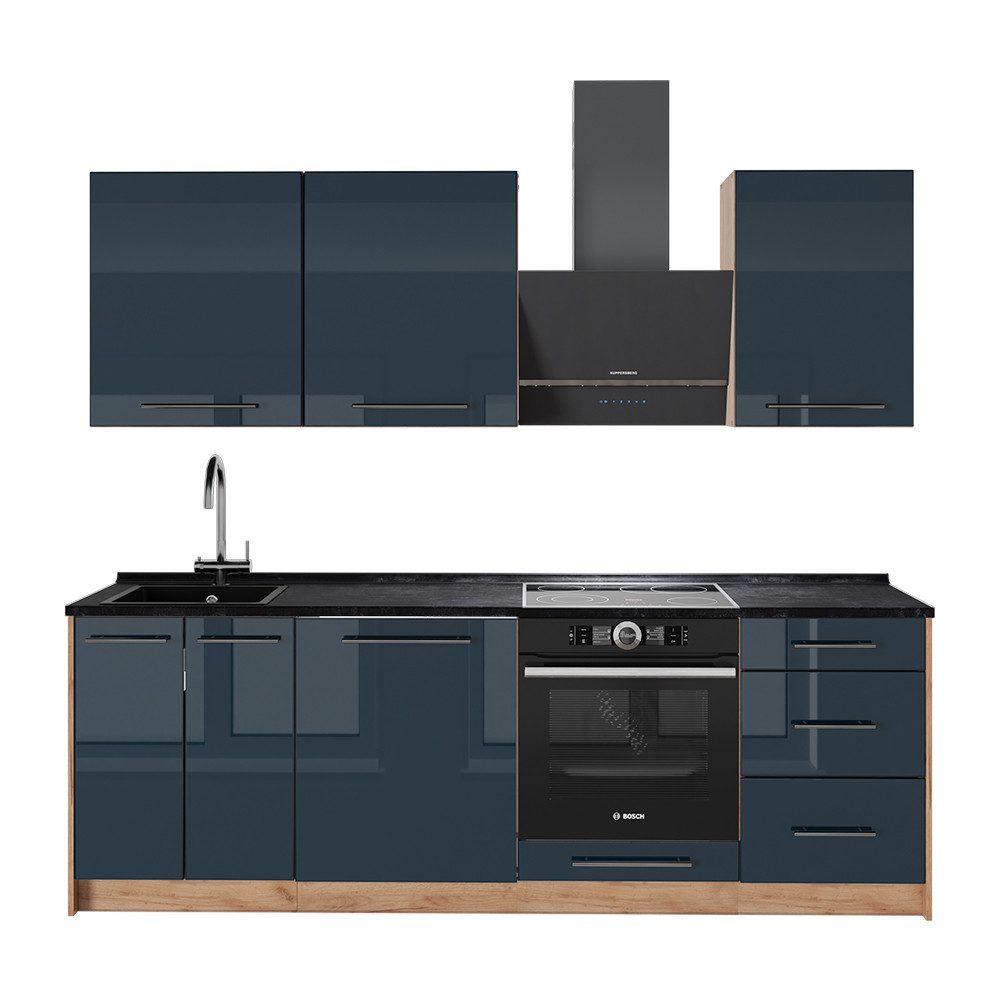 Vicco Küchenzeile Fame-Line, Dunkelblau Hochglanz/Goldkraft Eiche, 230 cm ohne Arbeit...