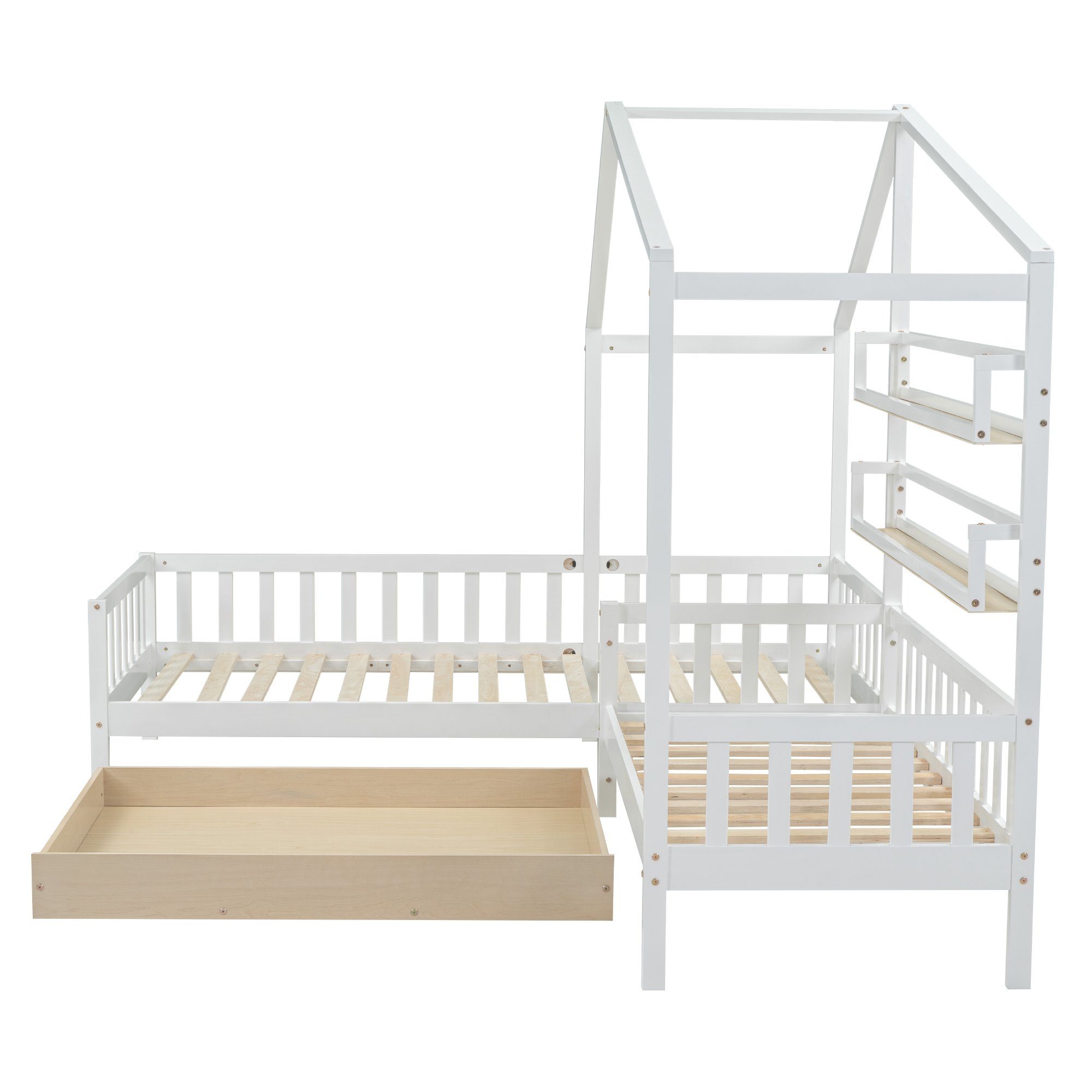 Hausbett Weiß Weiß 90x200cm+70x140cm | L-Struktur, mit Jugendbett Schubladen Kinderbett und Ulife Regale | Weiß Weiß |