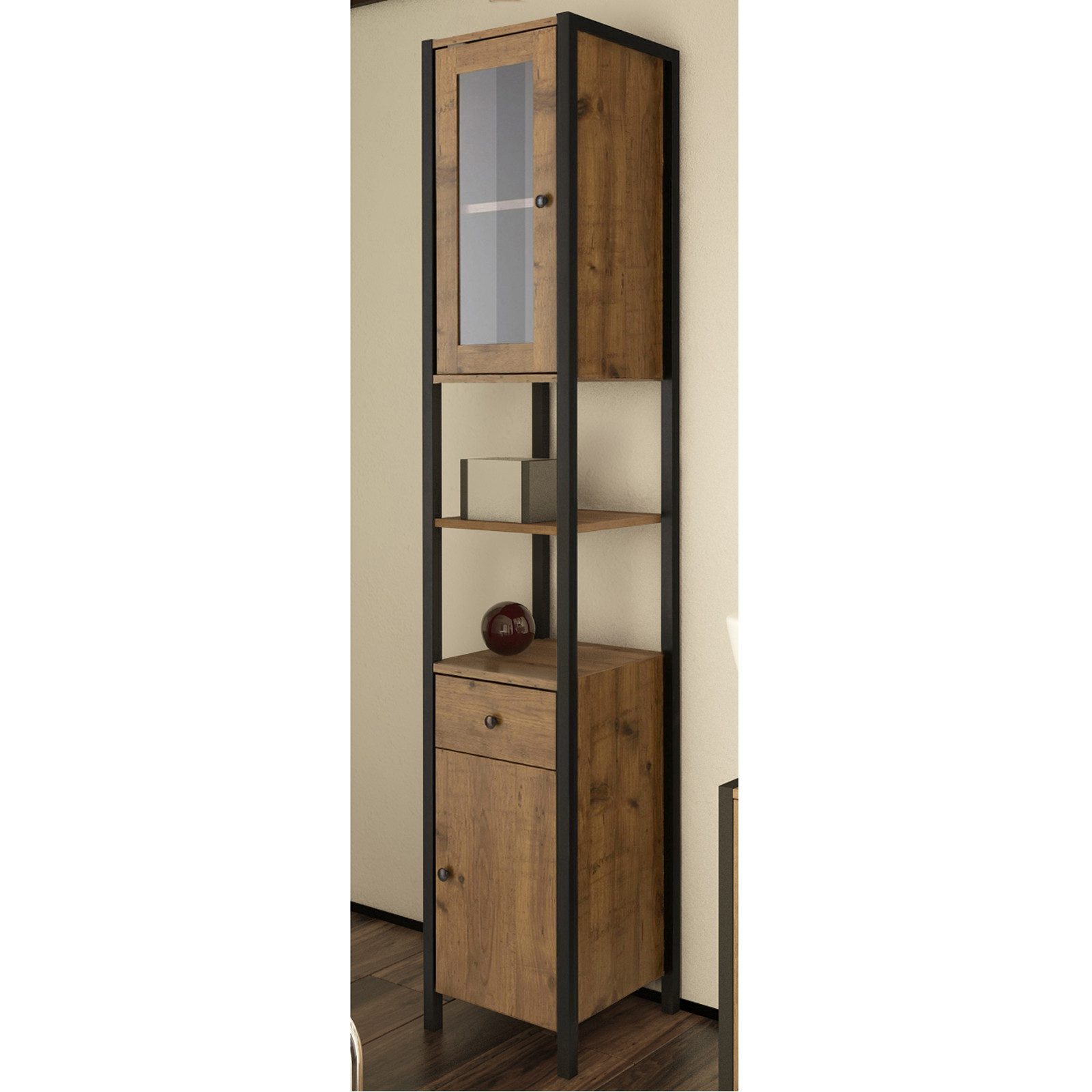loft24 Hochschrank Ceno - Badschrank Badezimmerschrank Badmöbel Schrank Badregal 1 Holztür, 1 Glastür, 1 Schublade, 1 offenes Fach