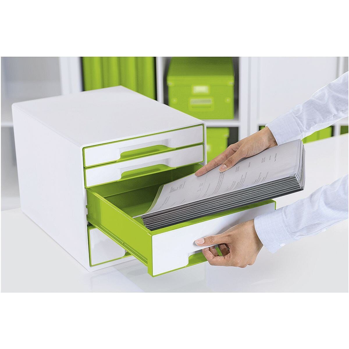 WOW Cube stapelbar geschlossen, metallic LEITZ Schubladenbox 4 Schubladen, grün mit 5213,