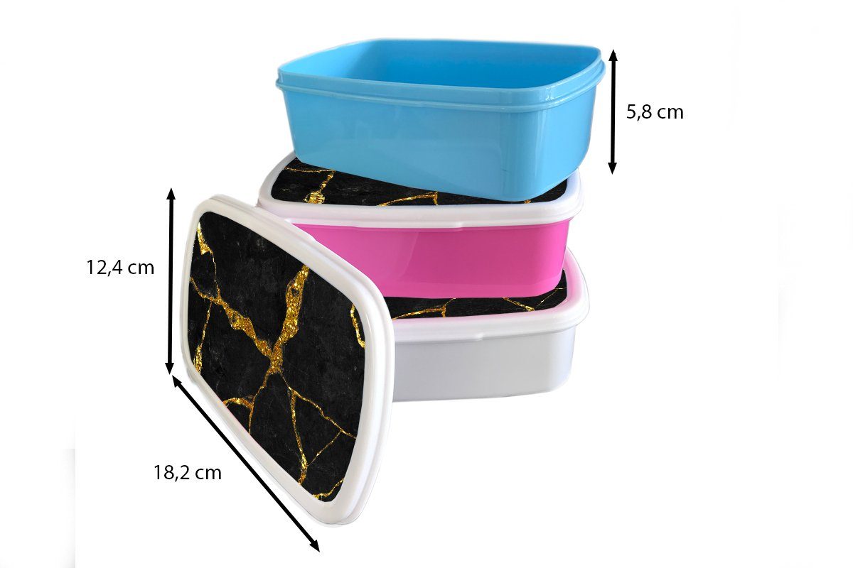 MuchoWow Lunchbox Marmor - Erwachsene, - (2-tlg), Kinder, Brotdose Glitter, - Gold Snackbox, Kunststoff Mädchen, Kunststoff, - Schwarz für rosa Brotbox Marmoroptik