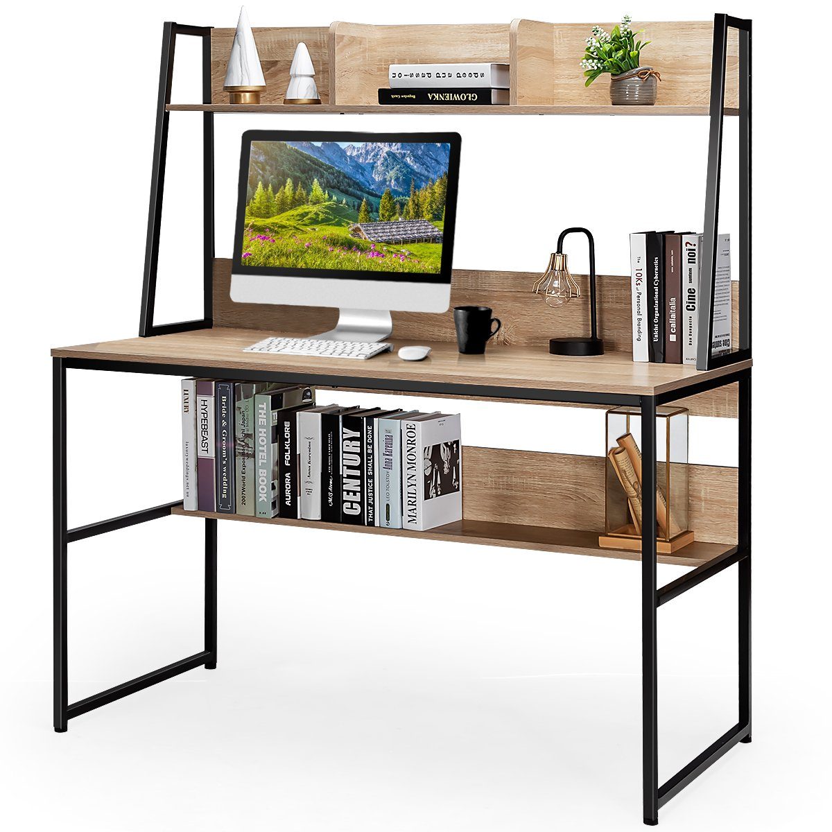 COSTWAY Schreibtisch, mit Bücherregal & Ablage, Holz & Metall, 120x57x140cm