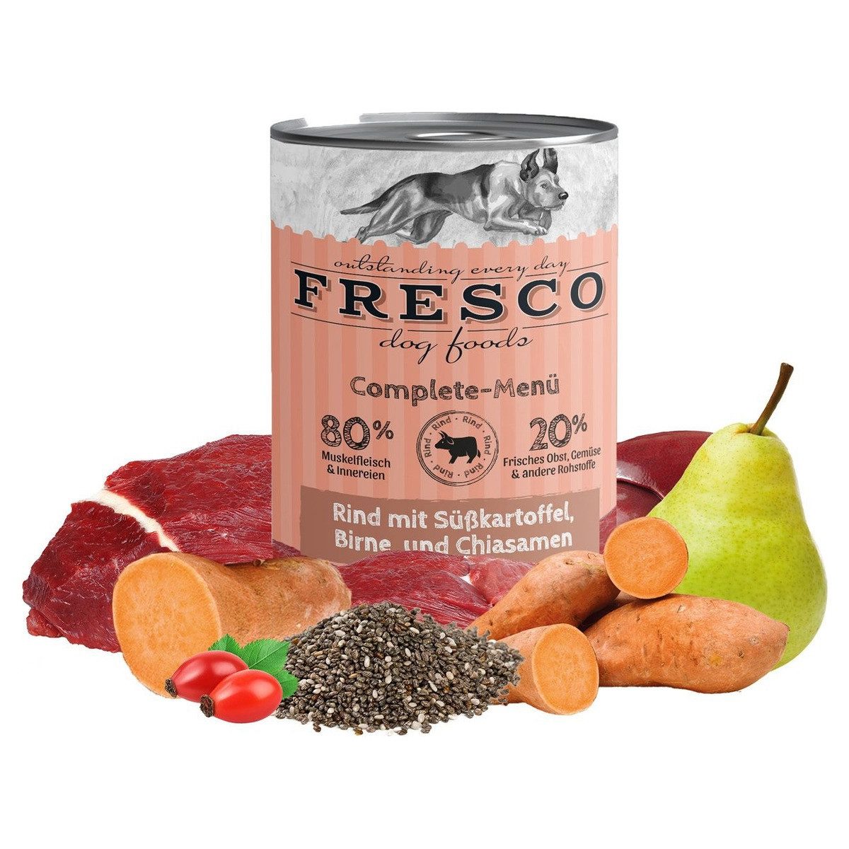Fresco Complete-Menü Rind mit Süßkartoffeln, Birne & Chiasamen 400 g - 12, für: Hund